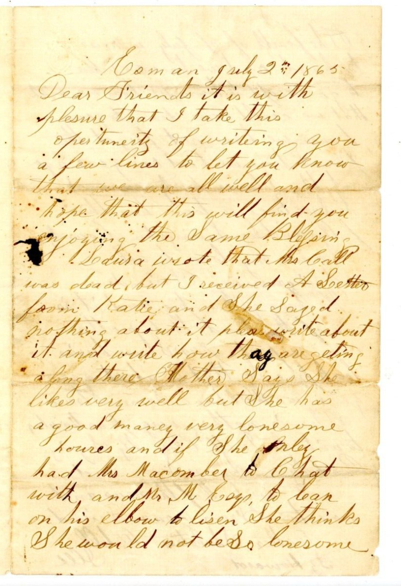 July 1865 Handwritten Letter Antique J H Sweetser Esmen Illinois Civil War Era