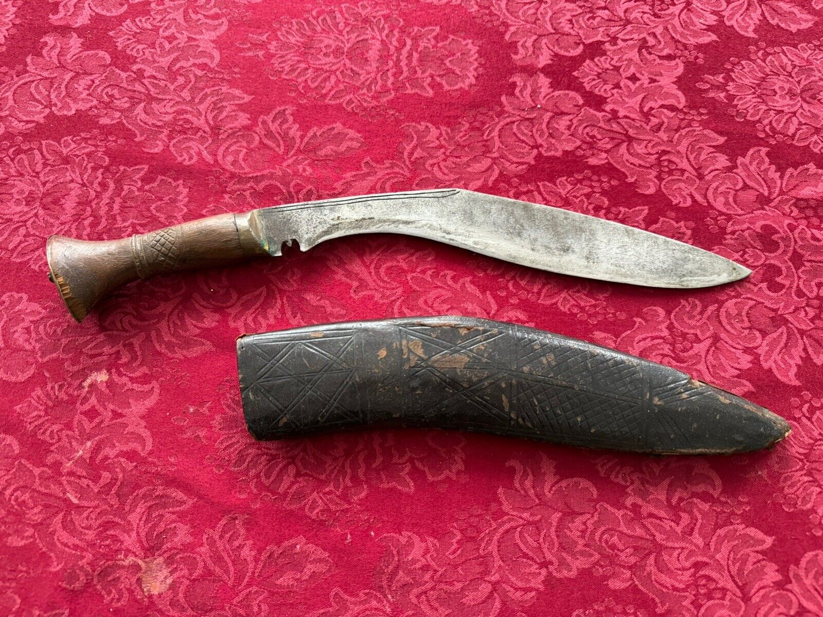Antique Nepalese Bhojpure Kukri Fighting Knife with Leather Sheath