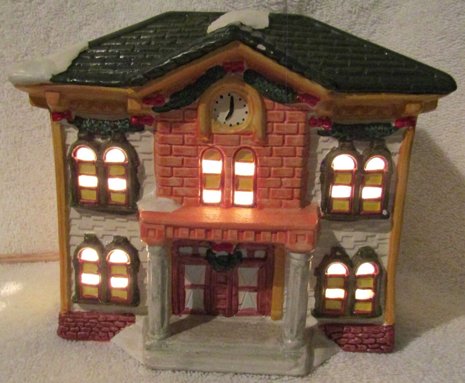 Vintage Porcelain, Christmas SnowDay Lighted Clock Building.