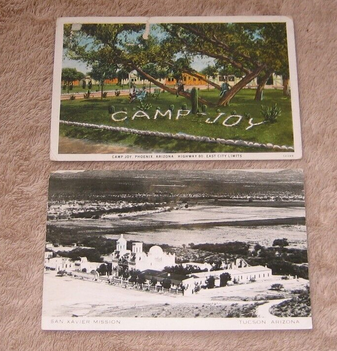 Phoenix Tucson AZ Arizona Postcards Camp Joy Tourist 1932 San Xavier RPPC 1948