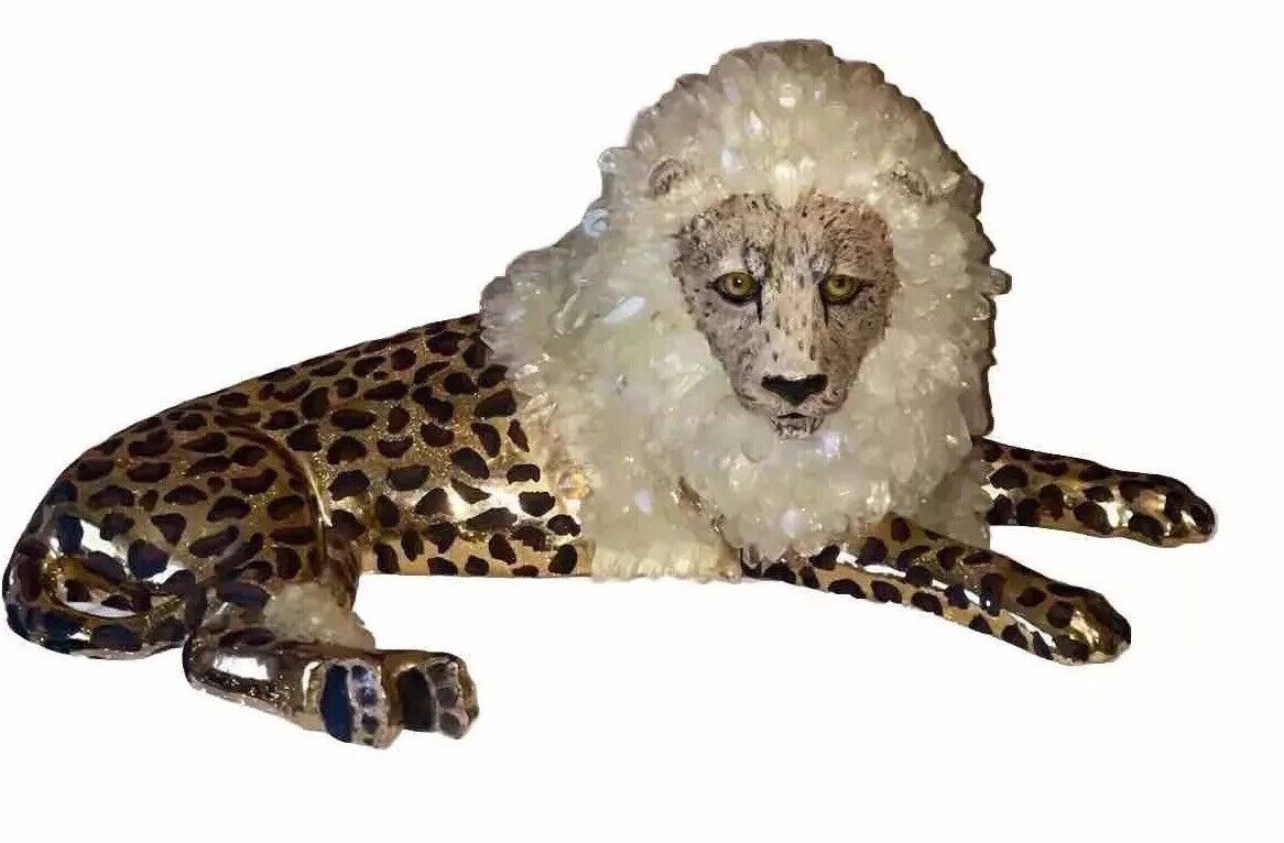 RARE MCM Gold Ceramic Leapord Lion CAT Figurine Adorned Geode Crystals 17” Nice