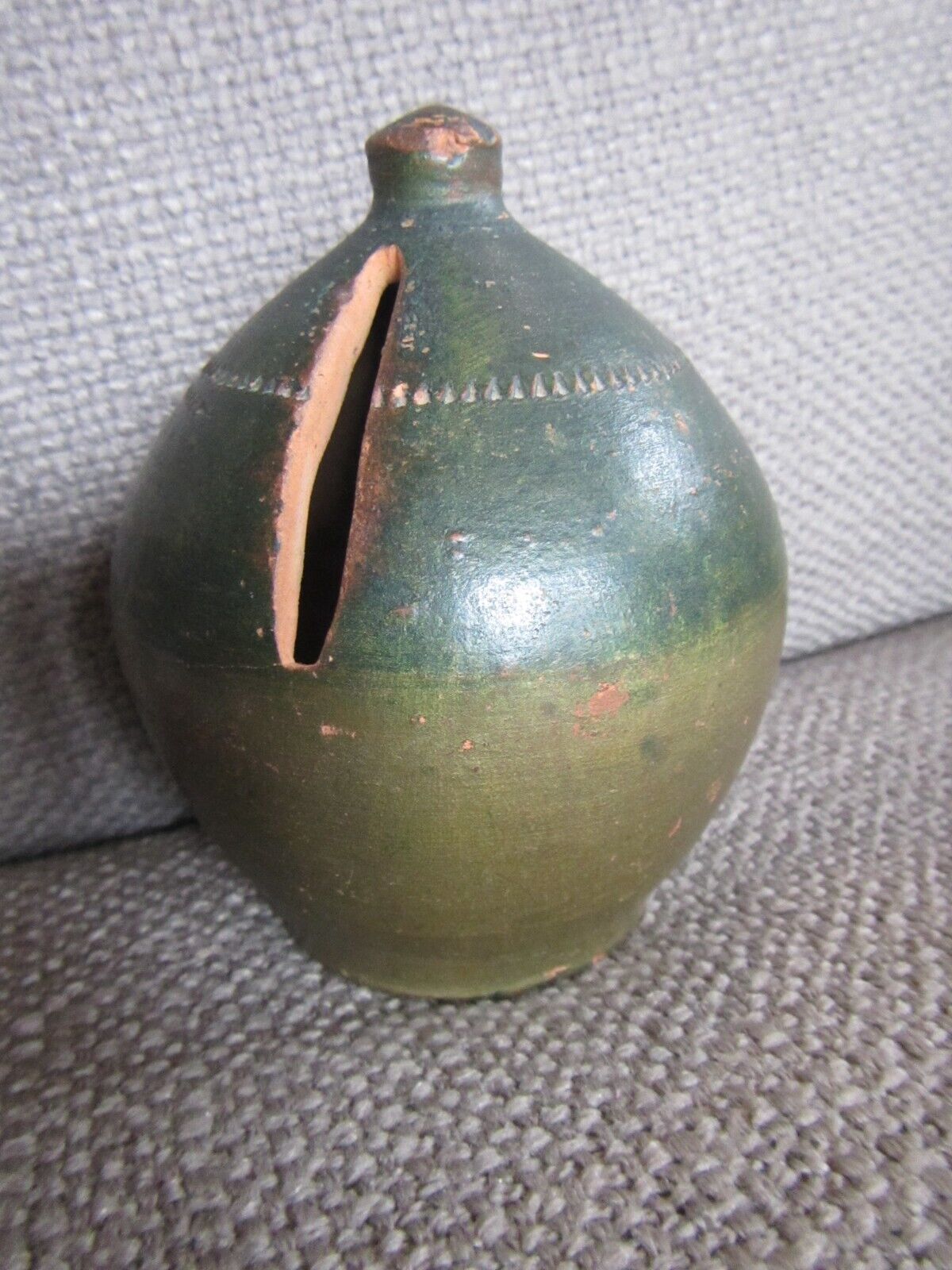 RARE Antique 19th C. Glazed REDWARE Ovoid Jug Coin Penny Bank