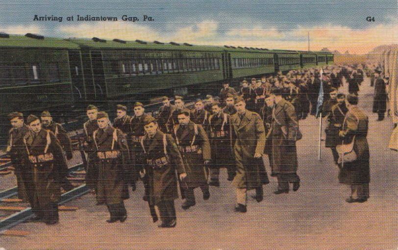 Postcard WWII Soldiers Arriving Indiantown Gap PA