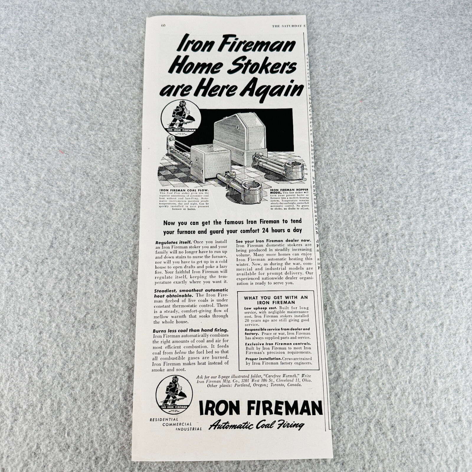 Iron Fireman Automatic Coal Firing 1946 Vintage Print Ad Home Stokers Furnace