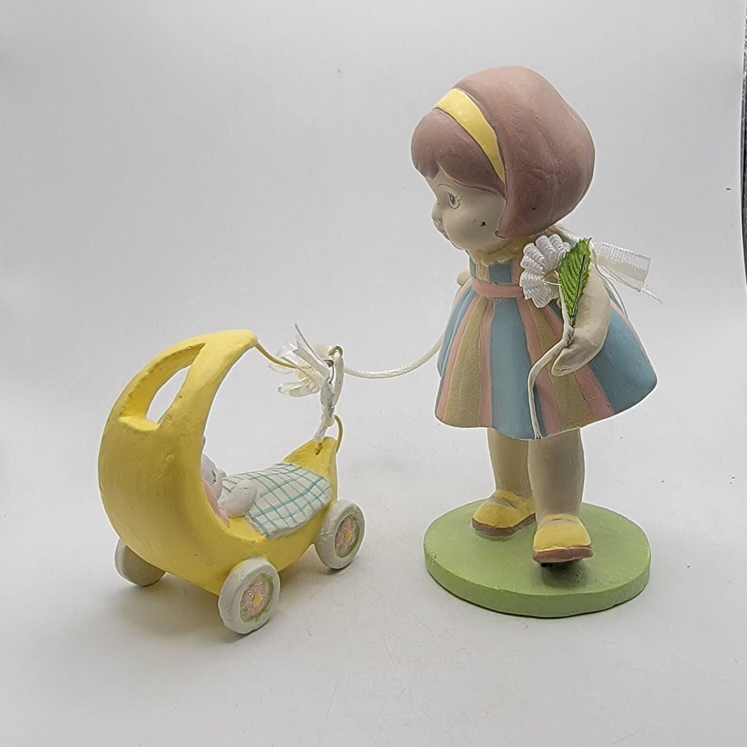 Ceramic Spring Easter Girl pulling Little Bunny Yellow Carriage Minor Wear
