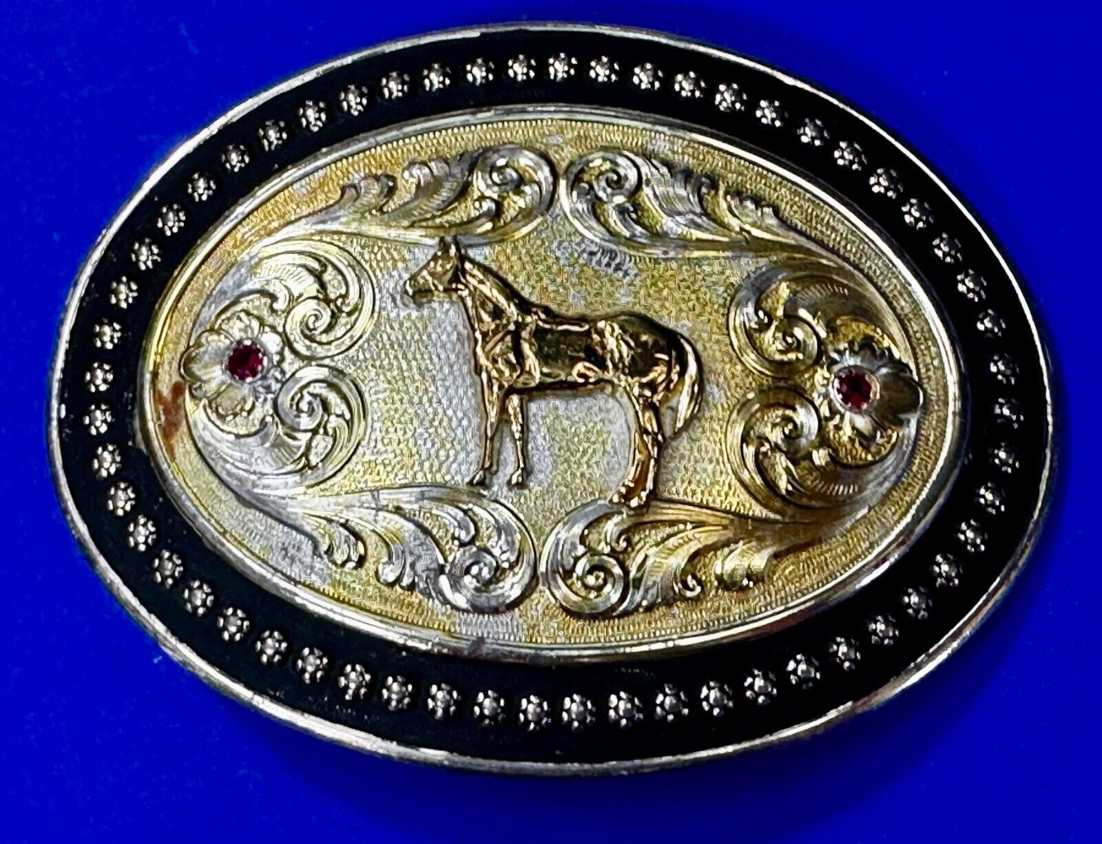 Montana Silversmiths Large Standing Horse Belt Buckle Ruby's & Black Boarder
