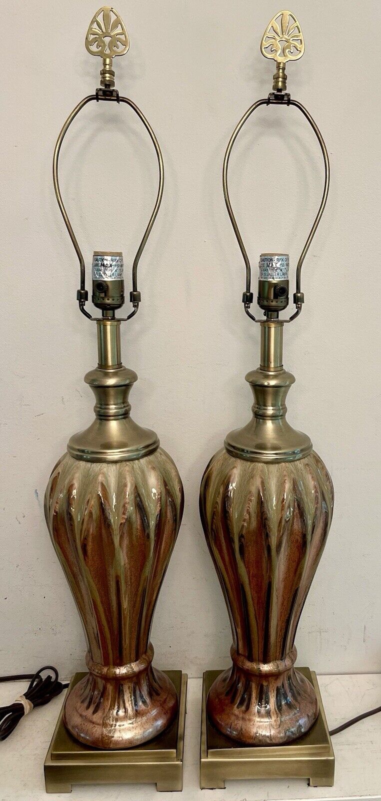 2-Glazed Ceramic Urn Table Lamp Multicolor Gold Brown 33” Gorgeous EUC