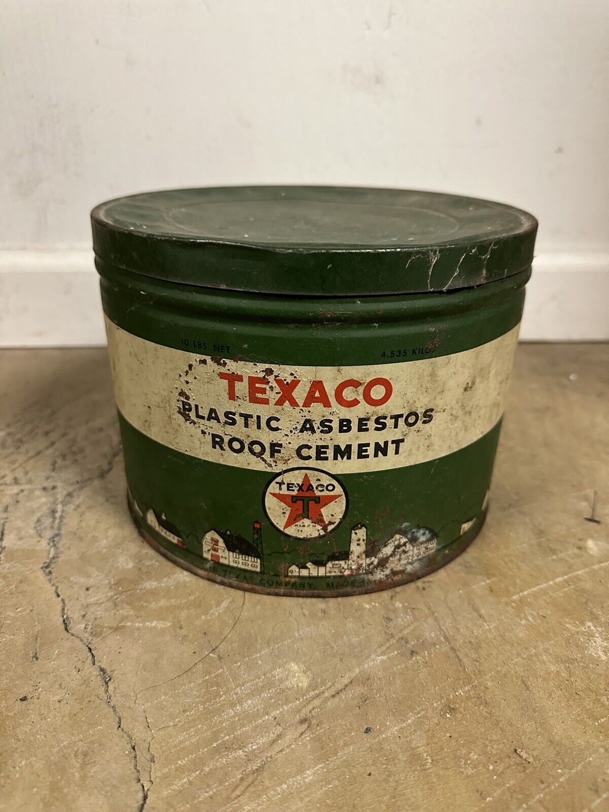 1920s era BLACK T TEXACO Cement FORD 10 gallon Tin Can Farm Rare Advertising