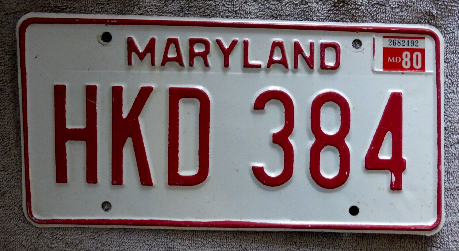 Vintage Maryland License Plate HKD 384 MD USA Red White man cave car sign