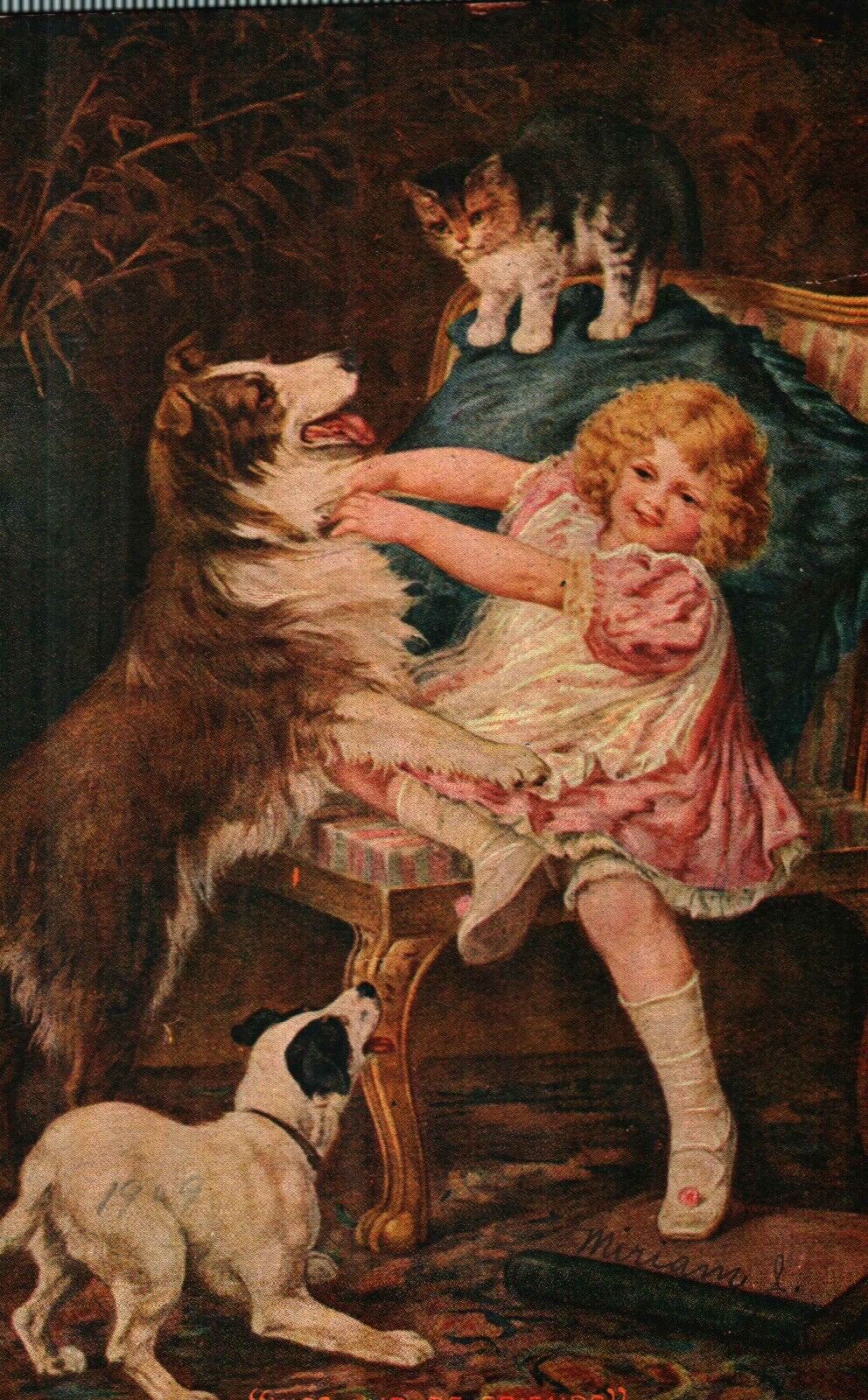 Postcard Mary Jauss Vintage Girls Kiss And Be Friends 1909 Happy Dogs Cat NA11