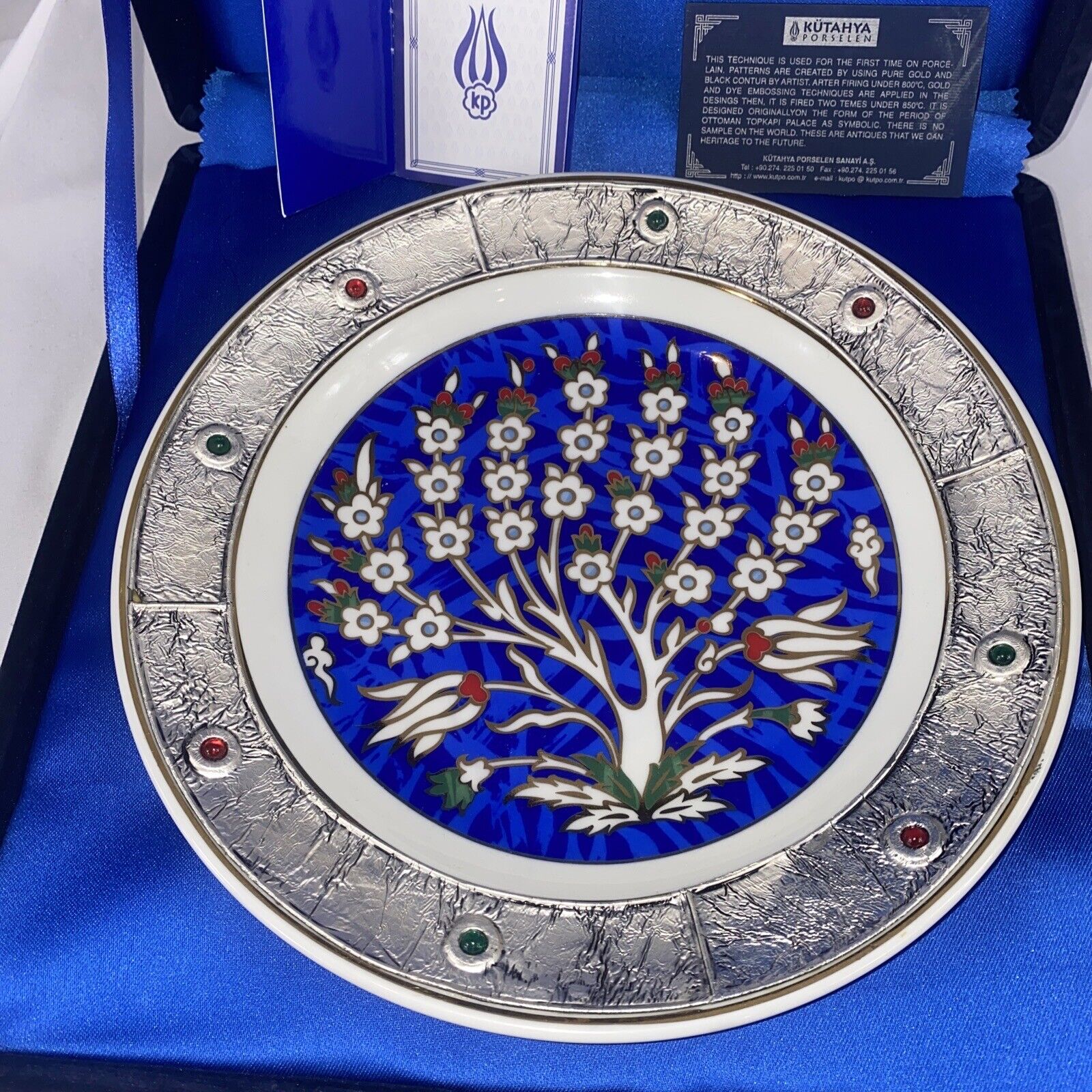 Authentic Kutahya Porselen Plate Tree Of Life Hand Made Painted Silver Blue Gems