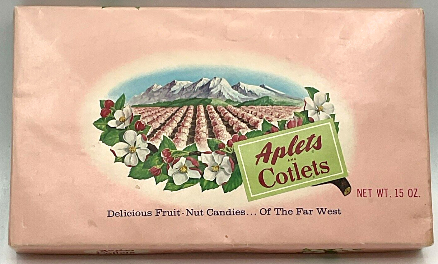 Vintage Pink Aplets & Cotlets Fruit Nut Candy Box Liberty Orchards Cashmere WA