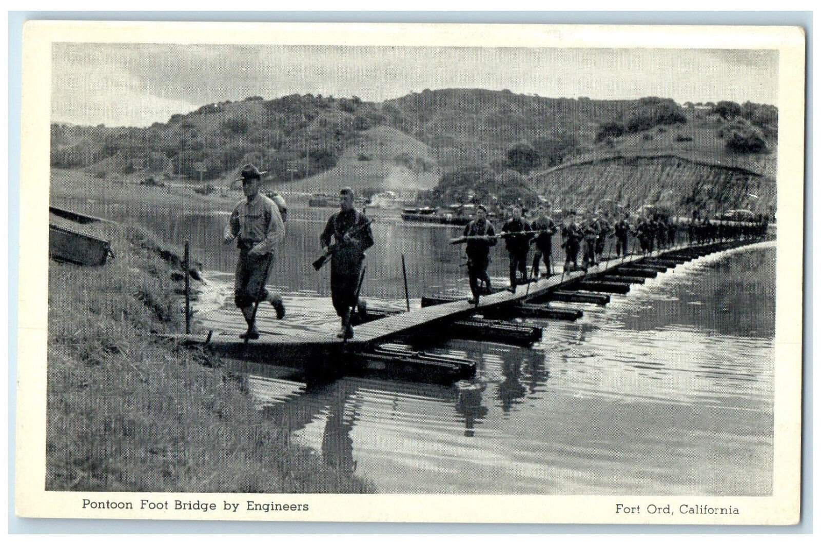 c1950\'s Pontoon Foot Bridge By Engineers Army Marching Fort Ord CA WW2 Postcard