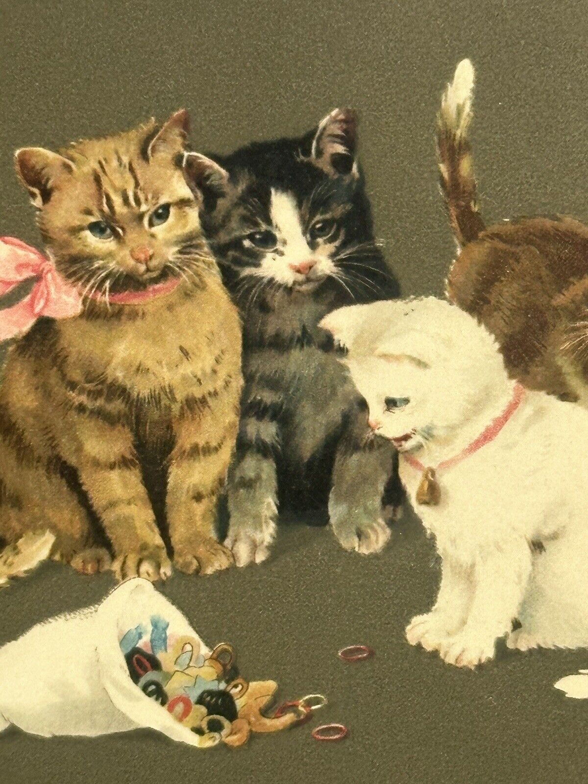 Cat Postcard Seven Kittens Flower Bouquet Pink Blue Bows u/s Marie Flatscher