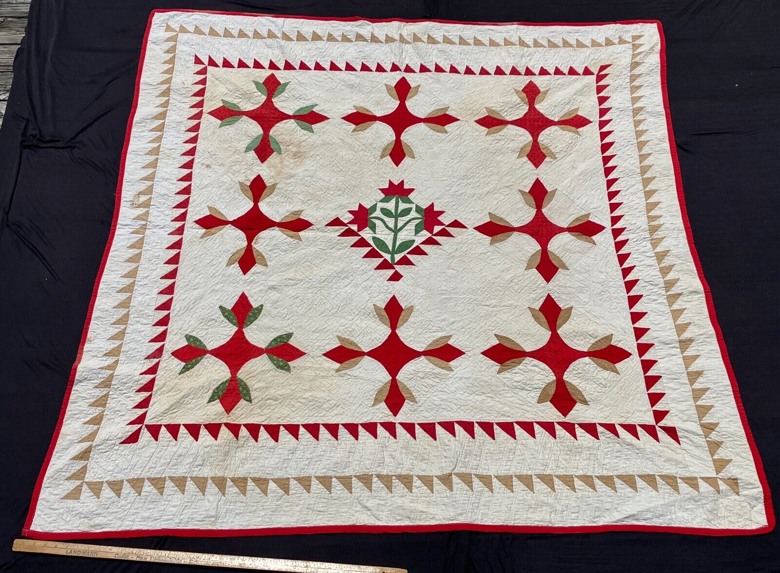 UNUSUAL  1880's Quilt Antique Carolina Lily Tulips Applique Red Green and White