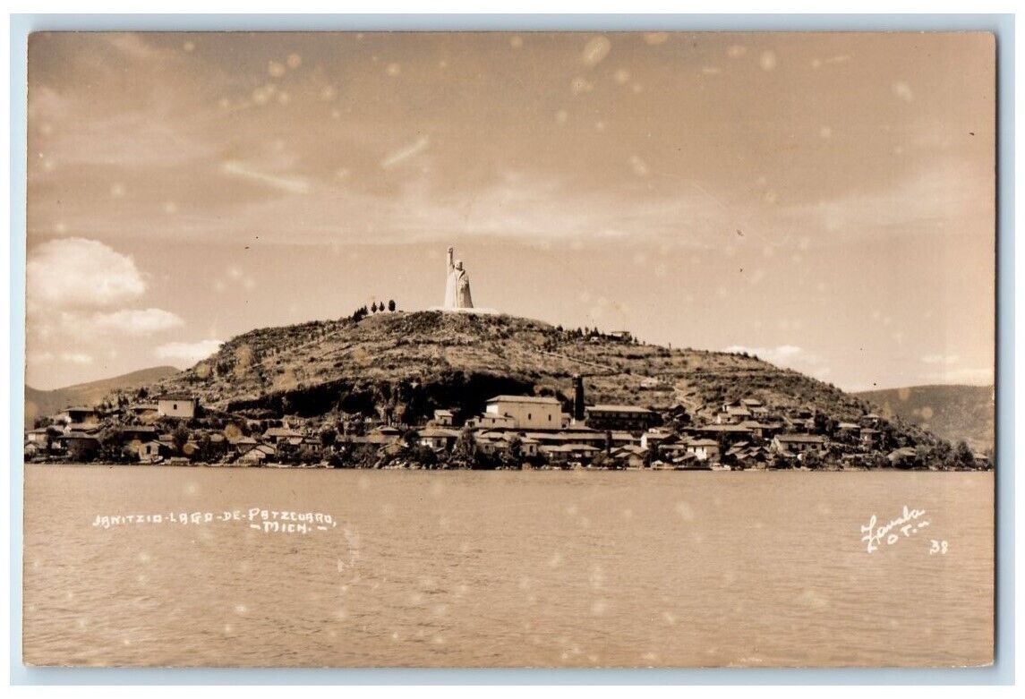 c1939 Lake Pátzcuaro Statue View Michoacán Mexico RPPC Photo Unposted Postcard
