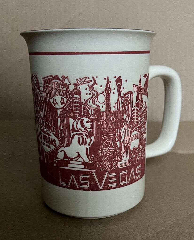 Vnt Las Vegas Strip Souvenir Stoneware Large Solid Coffee Mug Embossed Red White