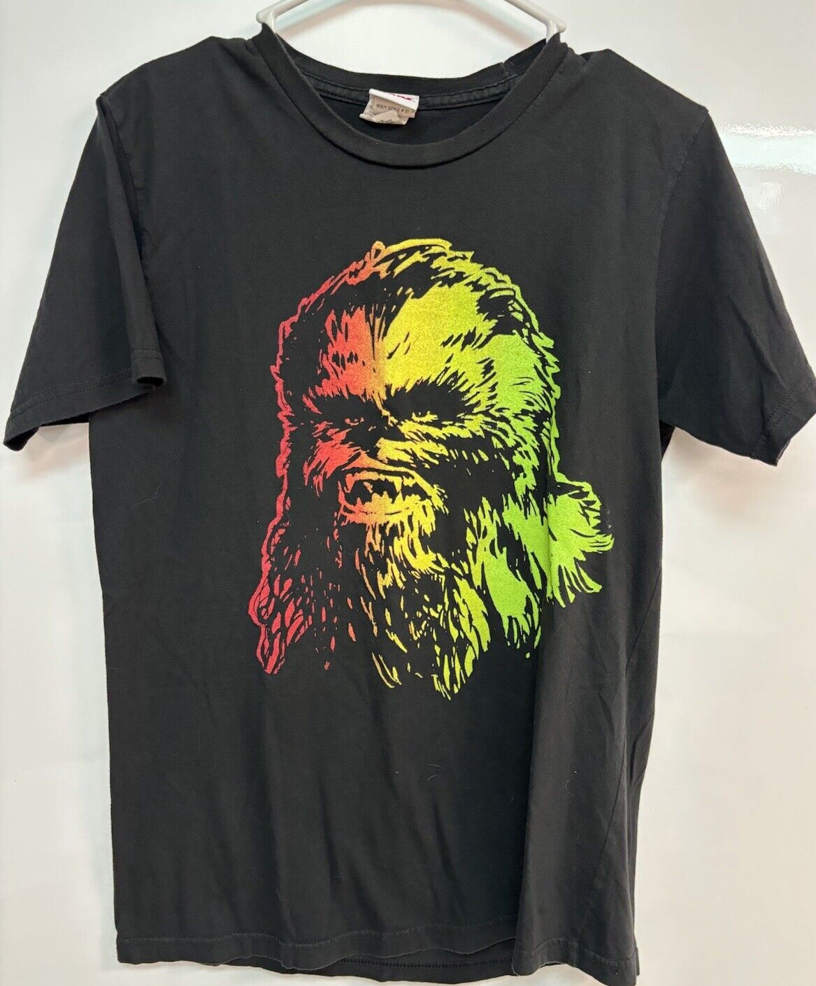 Vintage Y2K Stars Wars Chewbacca T-Shirt Size Medium Black Rainbow Rasta Colors
