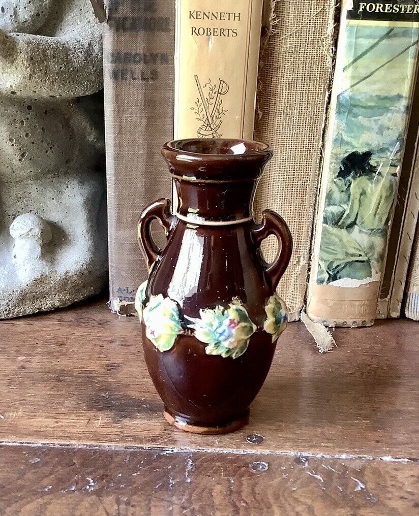 Vintage Brown Glazed Floral Accent Mini Handled Vase 4.75” Japan 