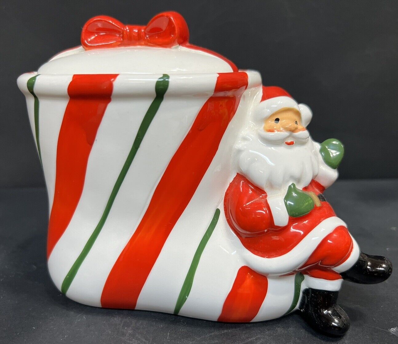 Vintage Christmas Santa on Candy Cane Painted Boot Covered Candy Dish Japan RARE