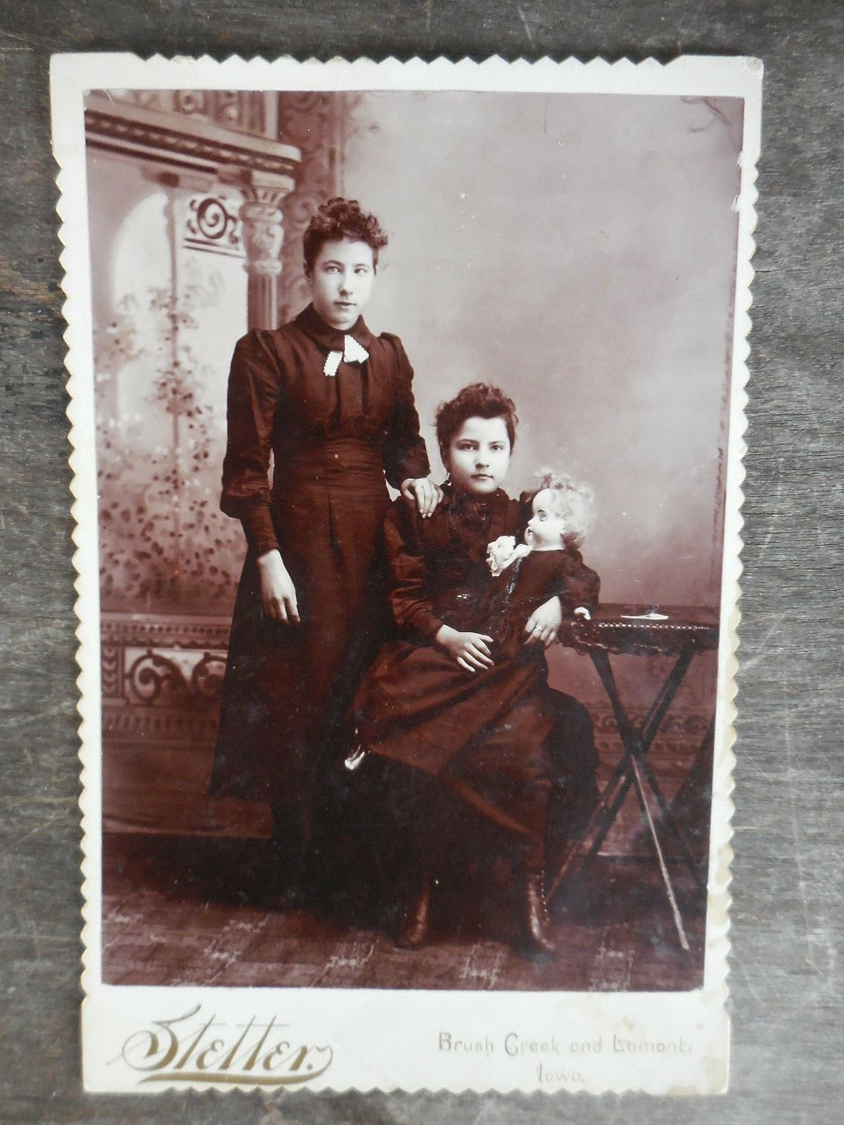 Stetter Cabinet Card Photo Girl & Large Bisque Doll Brush Creek & Lamont Iowa