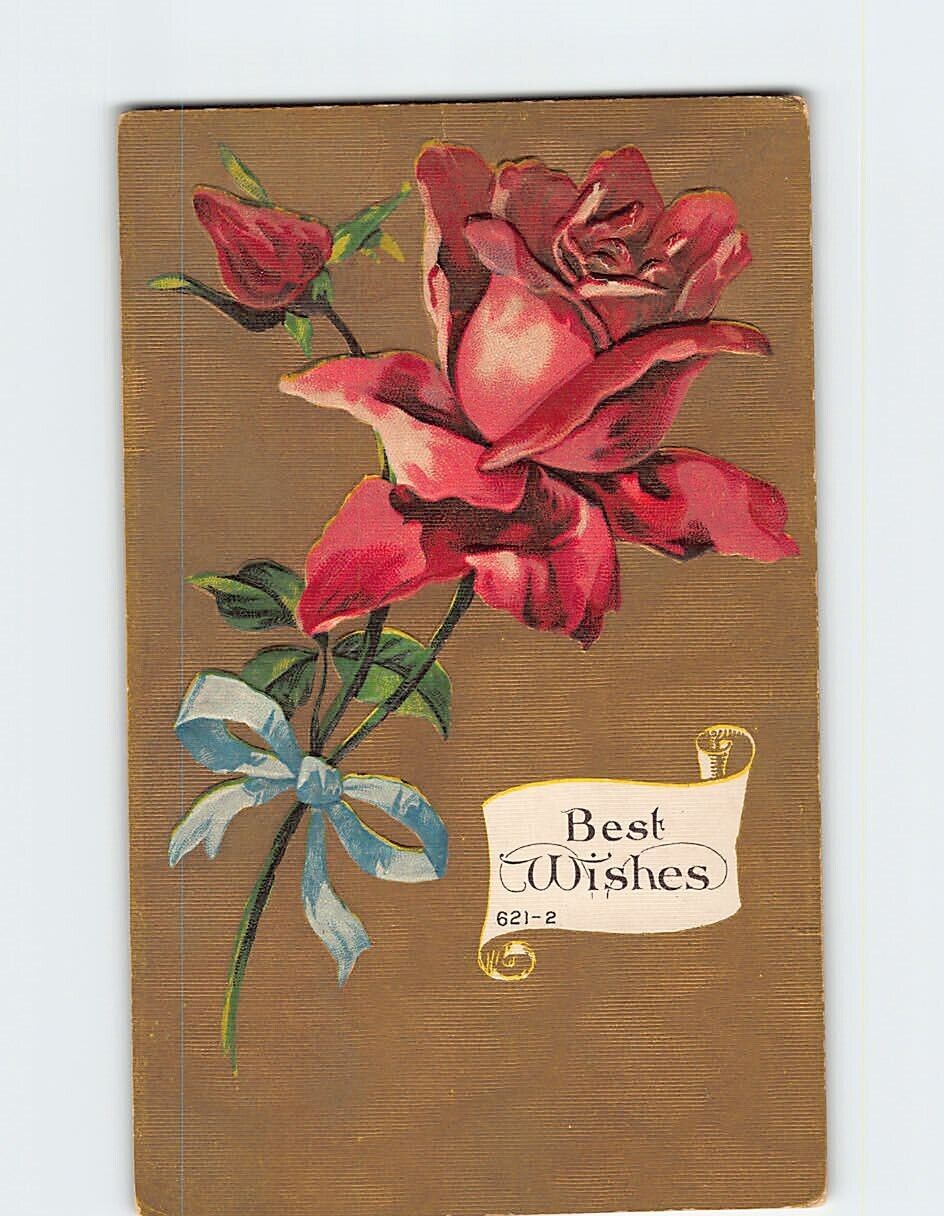 Postcard Best Wishes Rose Flower Art Print Embossed Card