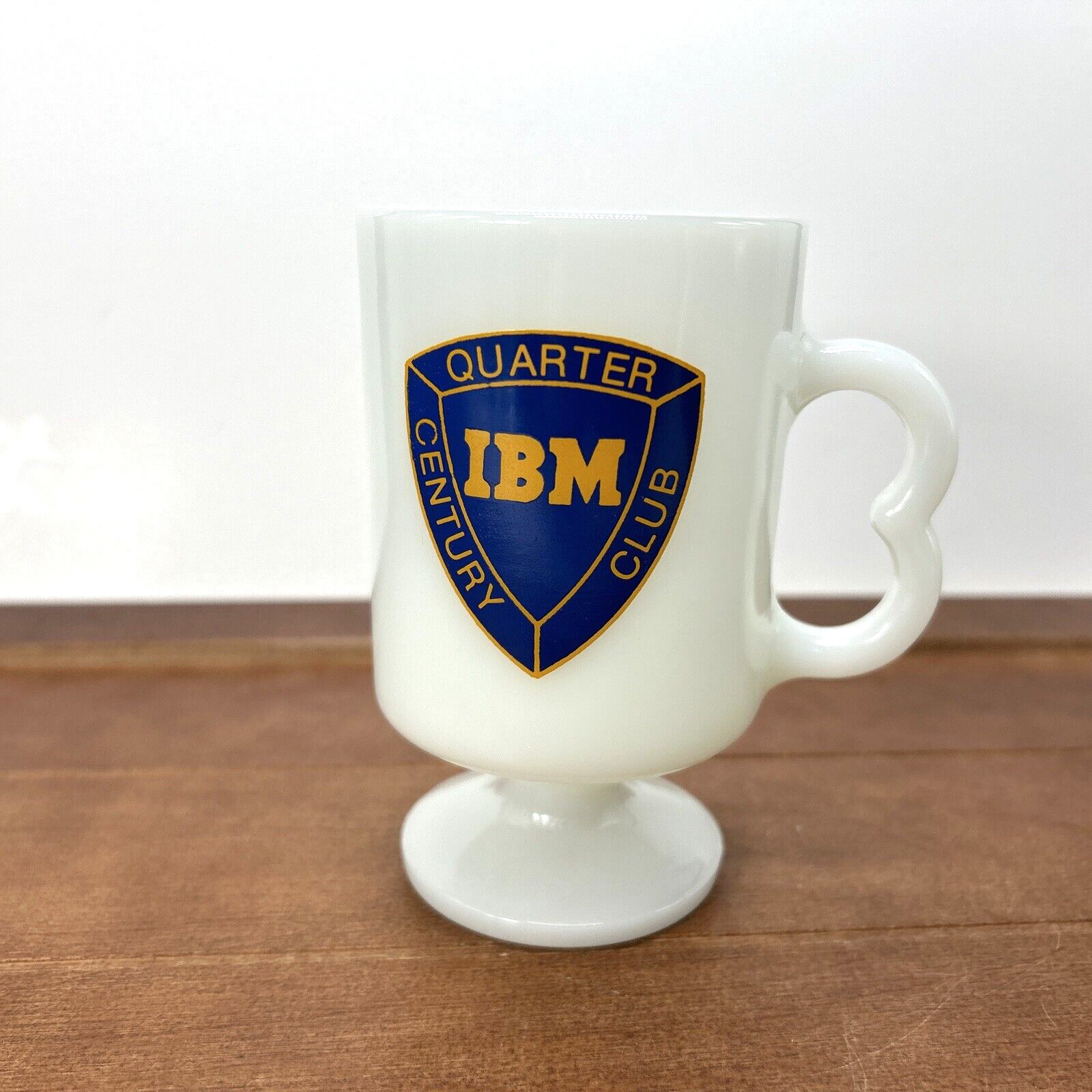 IBM Quarter Century Club White Glass Footed Beer Mug Cup Vintage