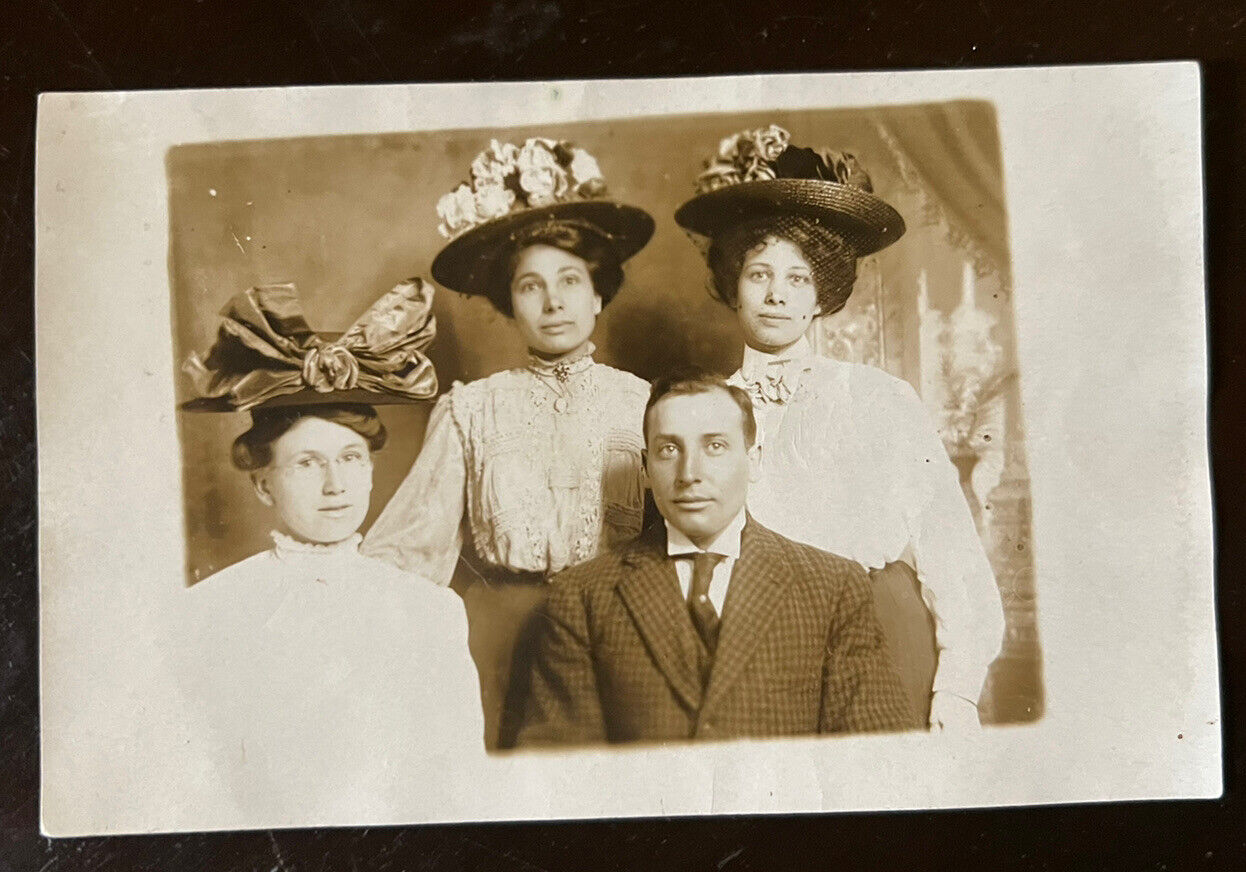 ATQ 1910s Pre-WW1 RPPC Postcard Family Studio Portrait UNP Amazing Fashion Hats