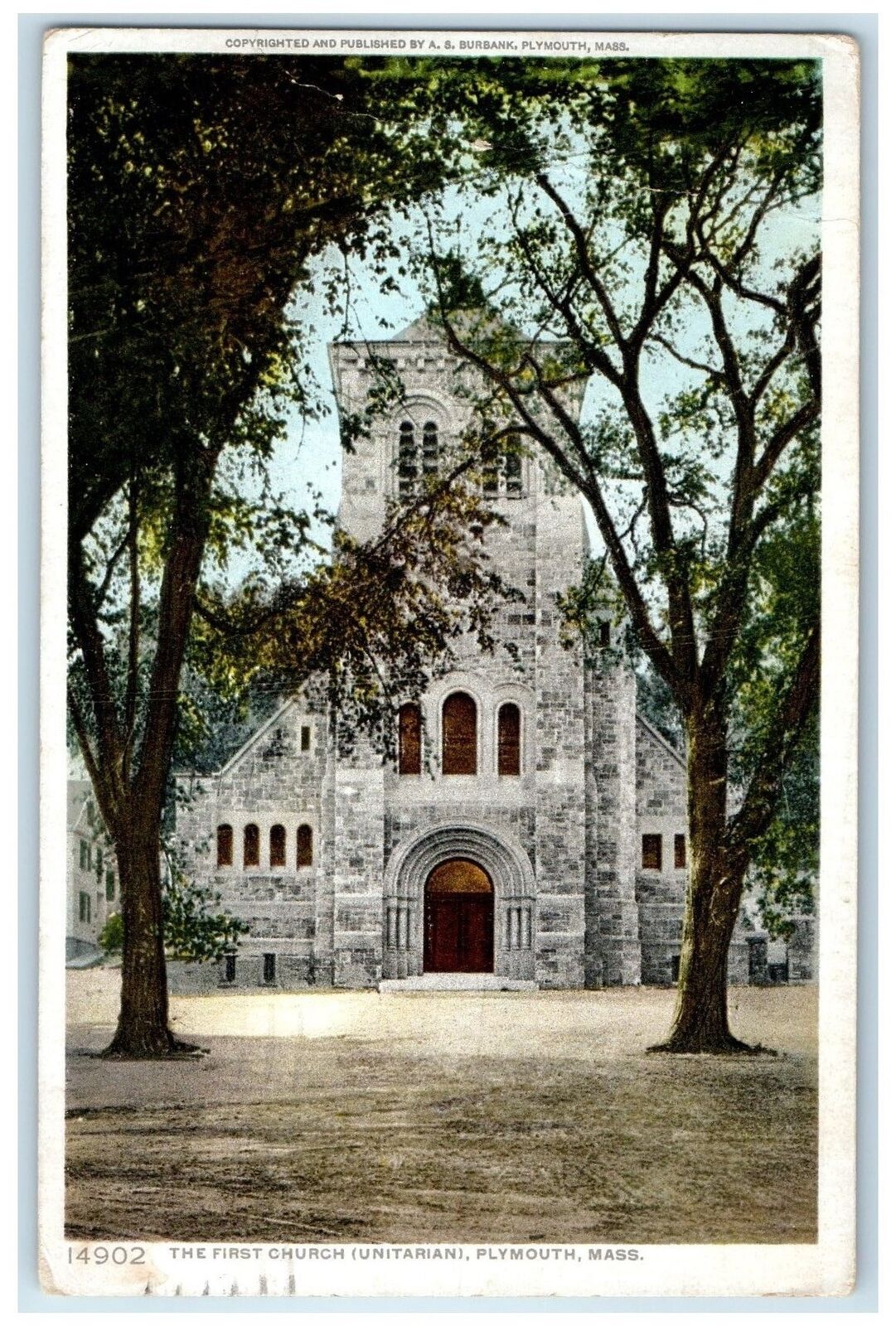 1930 The First Church Unitarian Exterior Plymouth Massachusetts MA Tree Postcard