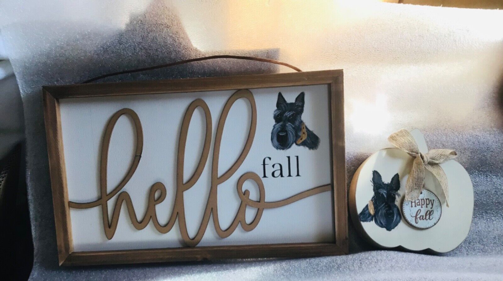 Scottie hand painted Scottish  terrier Fall sign and pumpkin shelf sitter