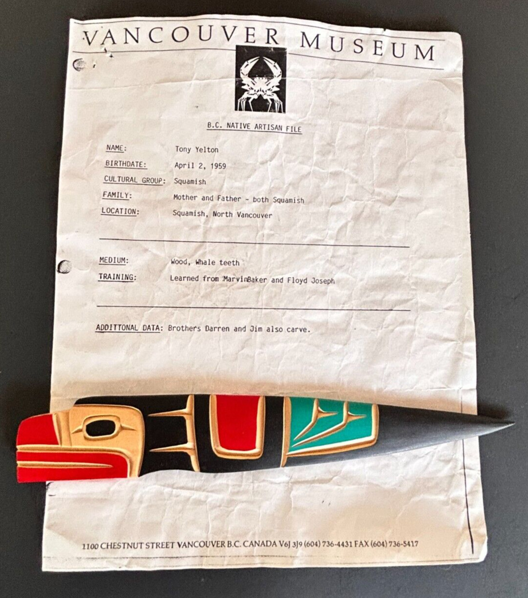 VTG 1991 Tony Yelton Eagle Hand Carved Wood Letter Opener Squamish Native Artist