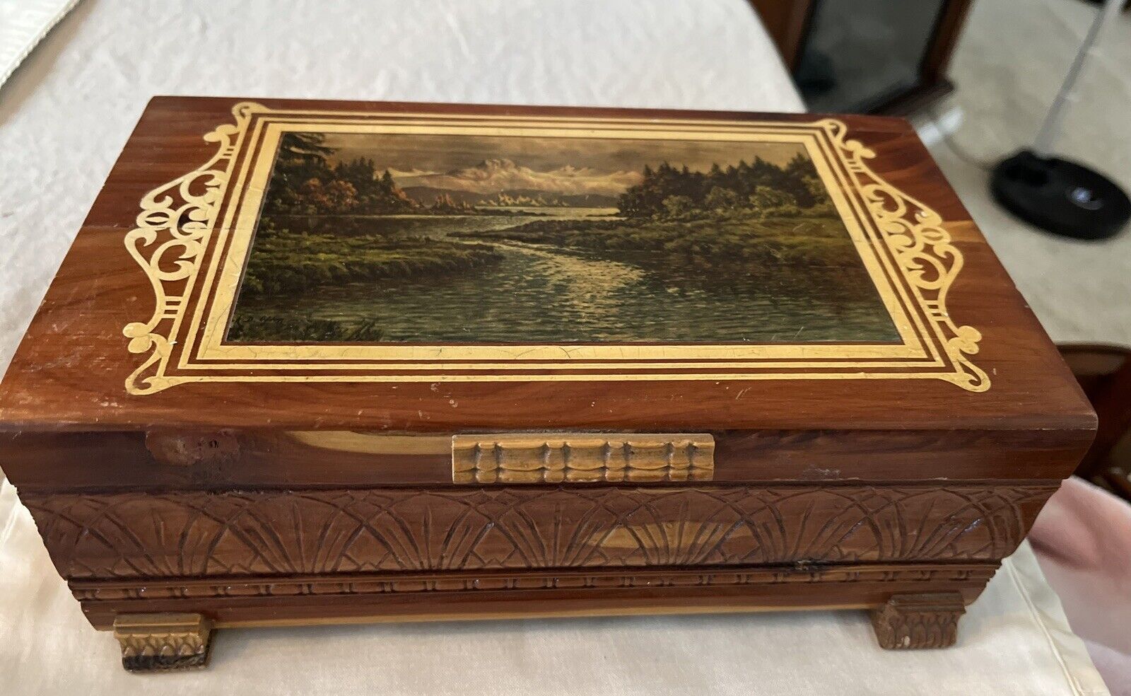 Vintage Carved Cedar,  Jewelry Box Chest. Beautiful Mountain Lake Scene On Top.