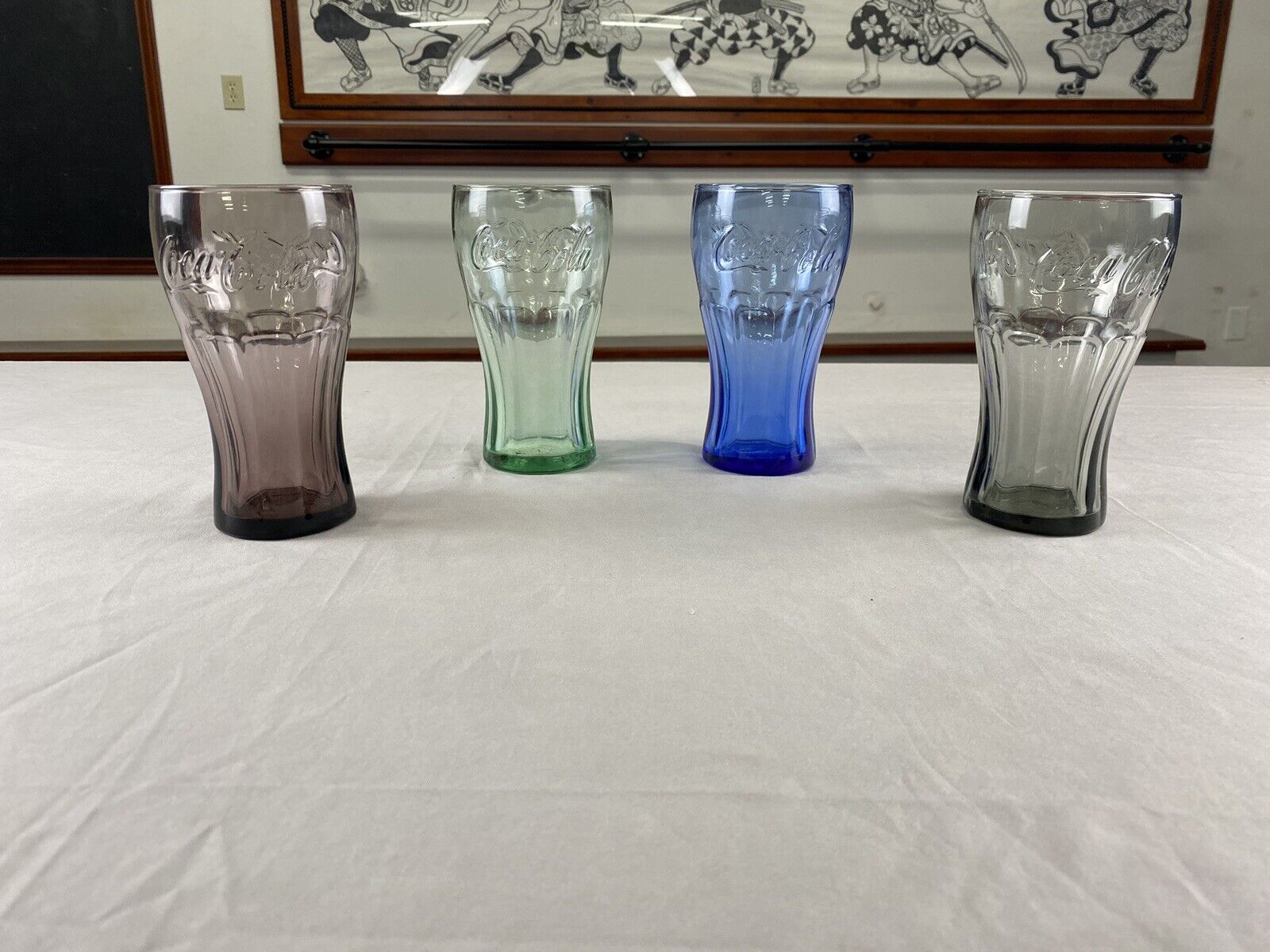 SET OF 4 2011 MCDONALDS COCA COLA GLASSES (Purple, Green, Blue, Black)
