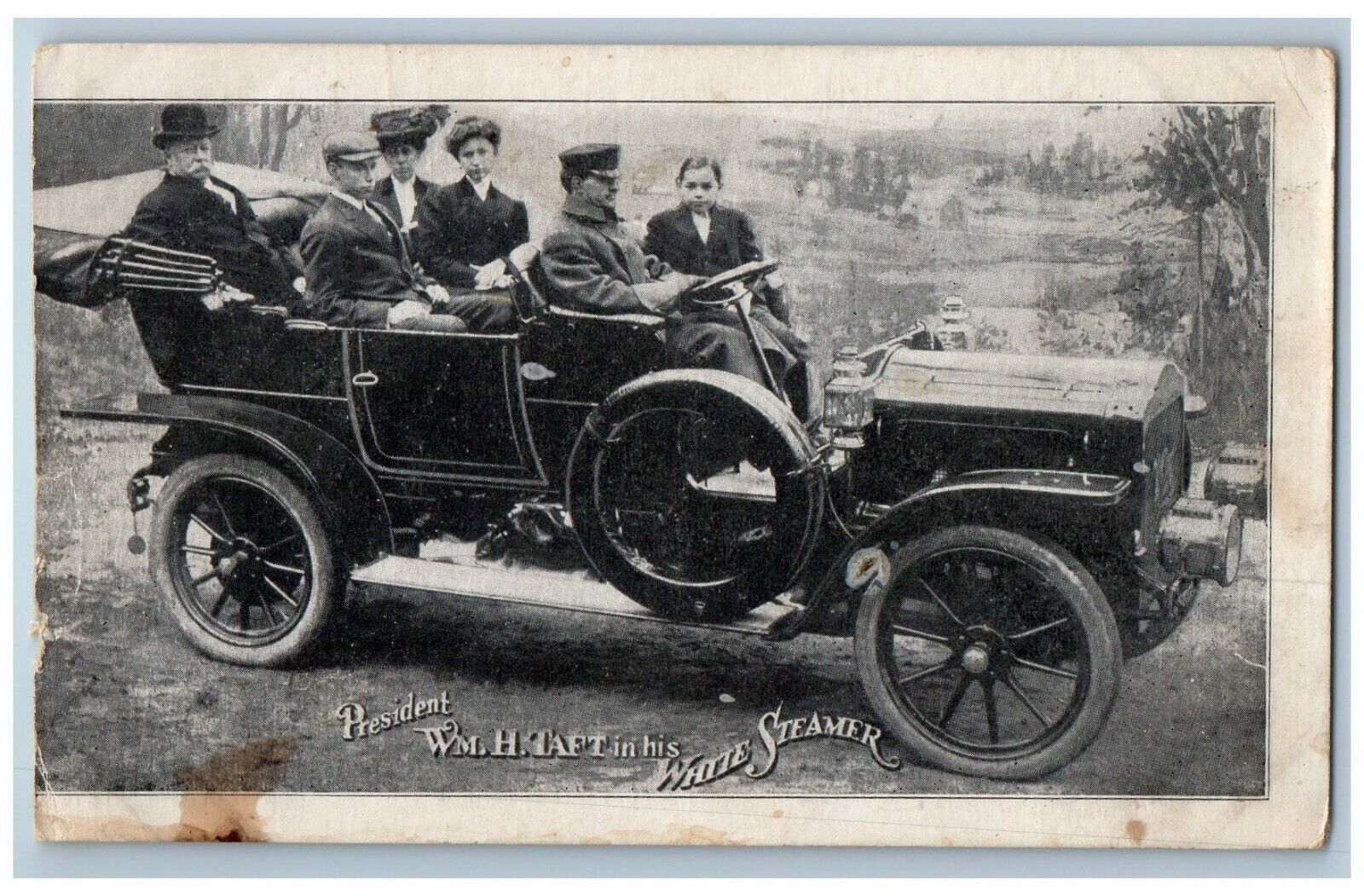 c1905 President WM H Taft In His White Steamer Car Unposted Antique Postcard