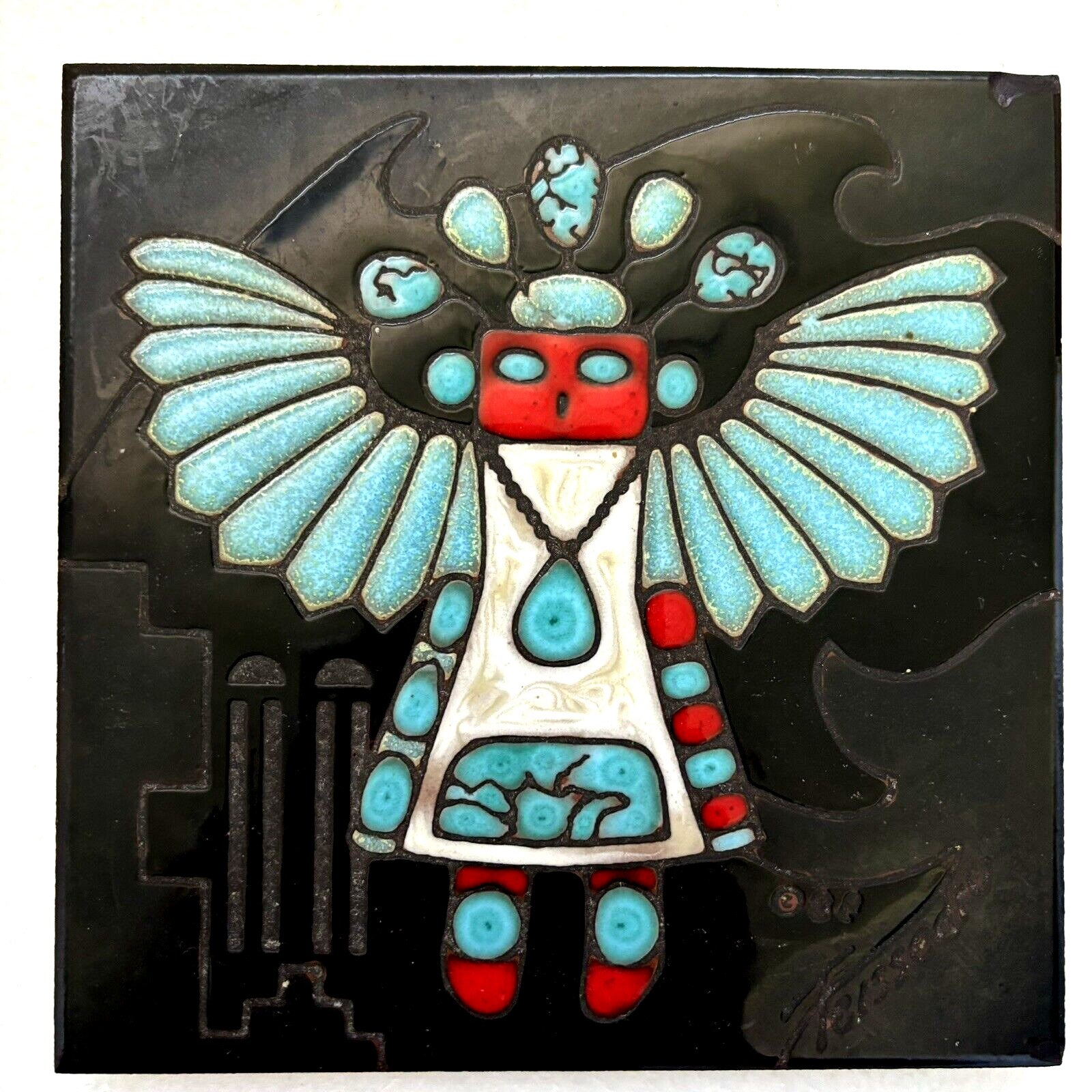 Cleo Teissedre Ceramic Tile Southwest Kachina Navajo Trivet Wall Art 6” Torquois
