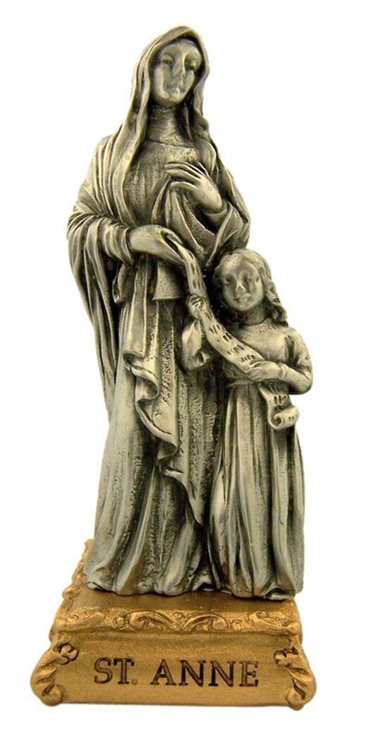 Pewter Saint St Anne Figurine Statue on Gold Tone Base, 4 1/2 Inch
