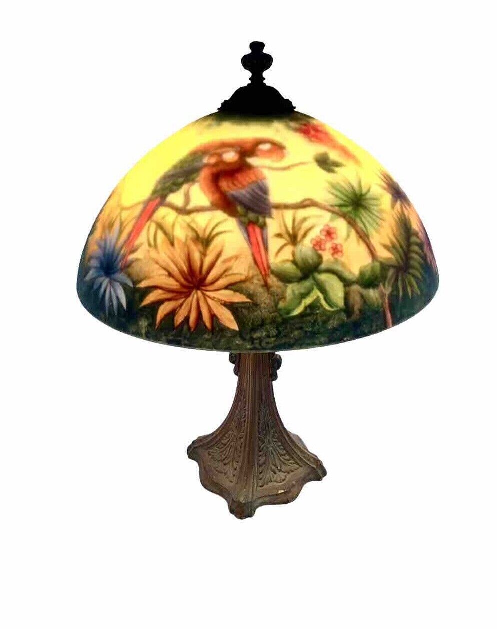 Antique Lamp Reverse Painted Parrot Macaw Bird Glass Handel Design Tiffany Style