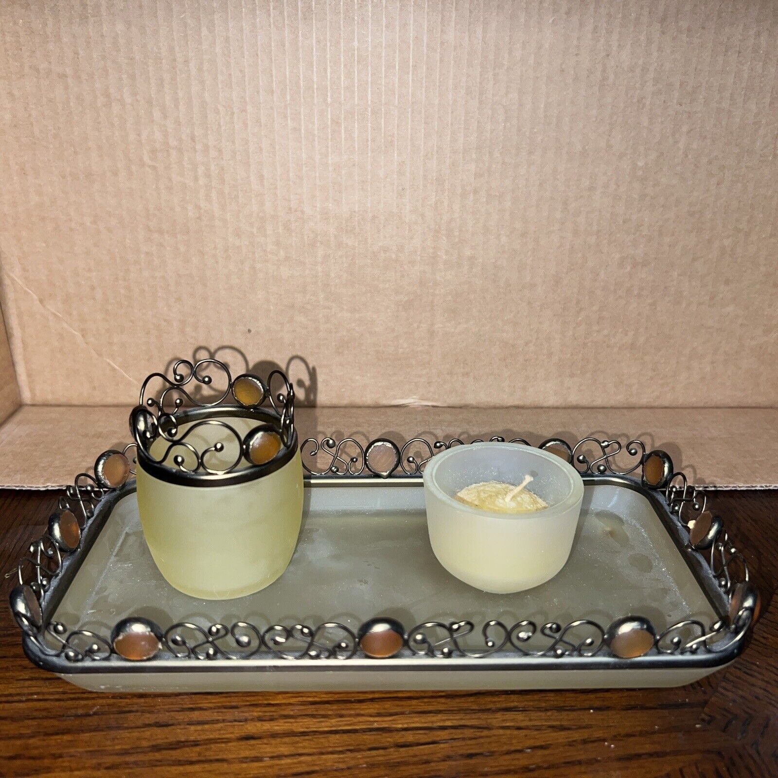 PartyLite Paris Retro Glass Frosted Dresser Tray Candle Holder Set