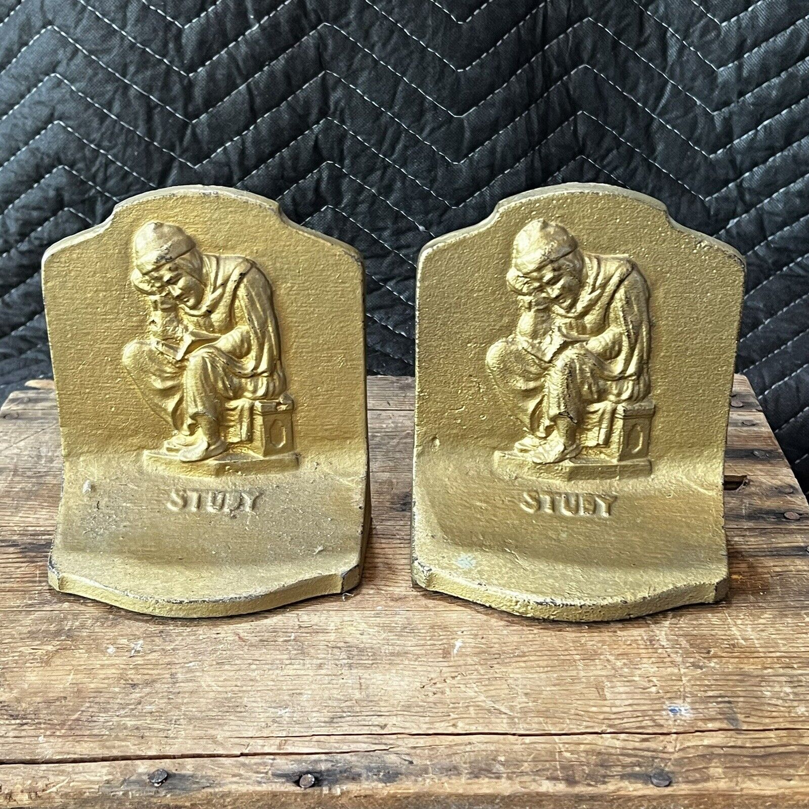 Pair of Vintage B&H Bradley & Hubbard Gold Painted Cast Iron “Study” Bookends