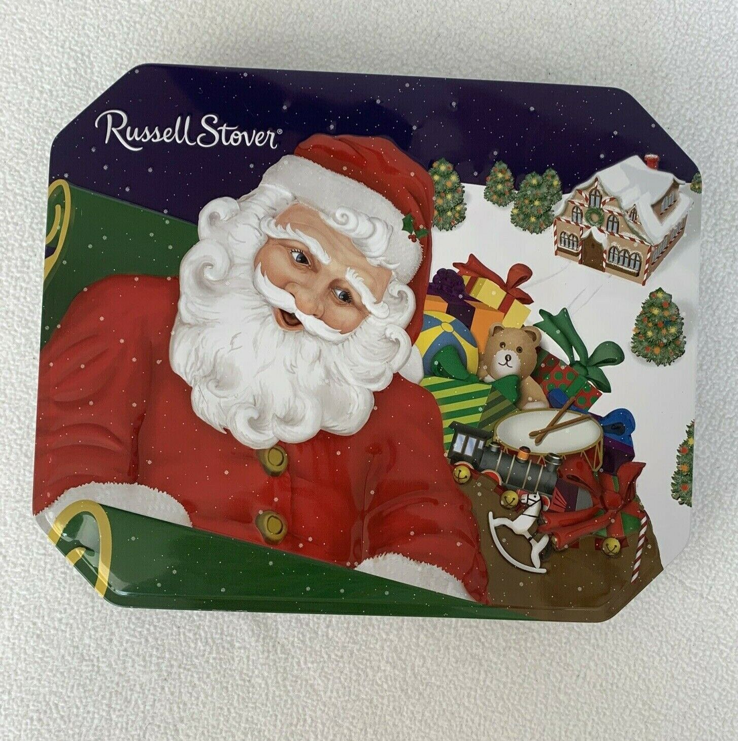 Russell Stover Santa With Sleigh Toys Hinged Tin 10 1/16\