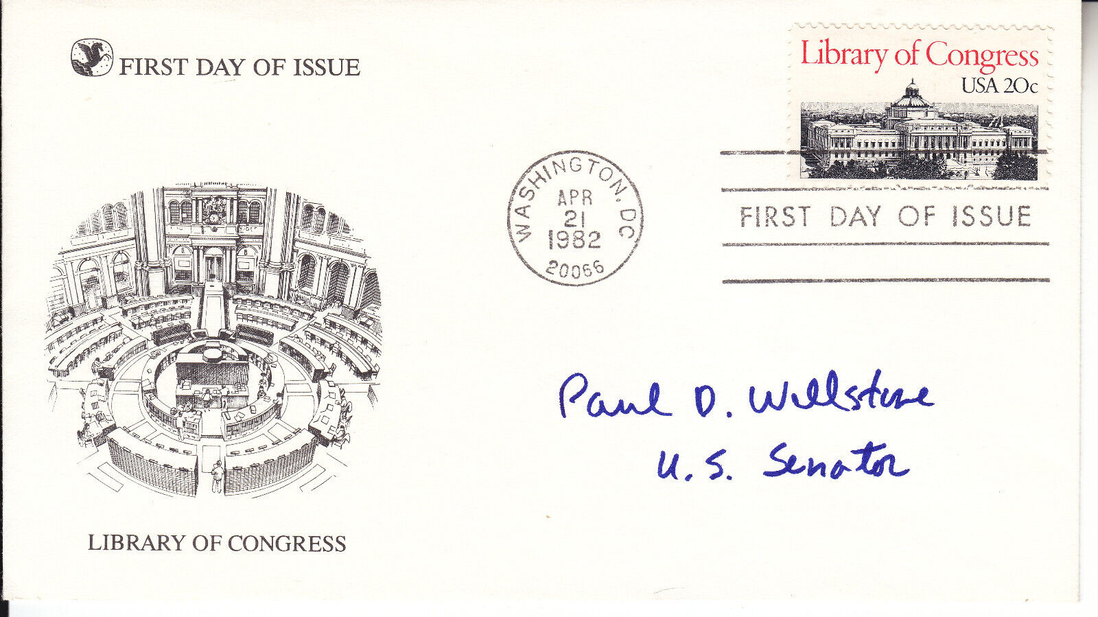 PAUL WELLSTONE (1944-2002) hand signed 1982 FDC autographed  Library of Congress