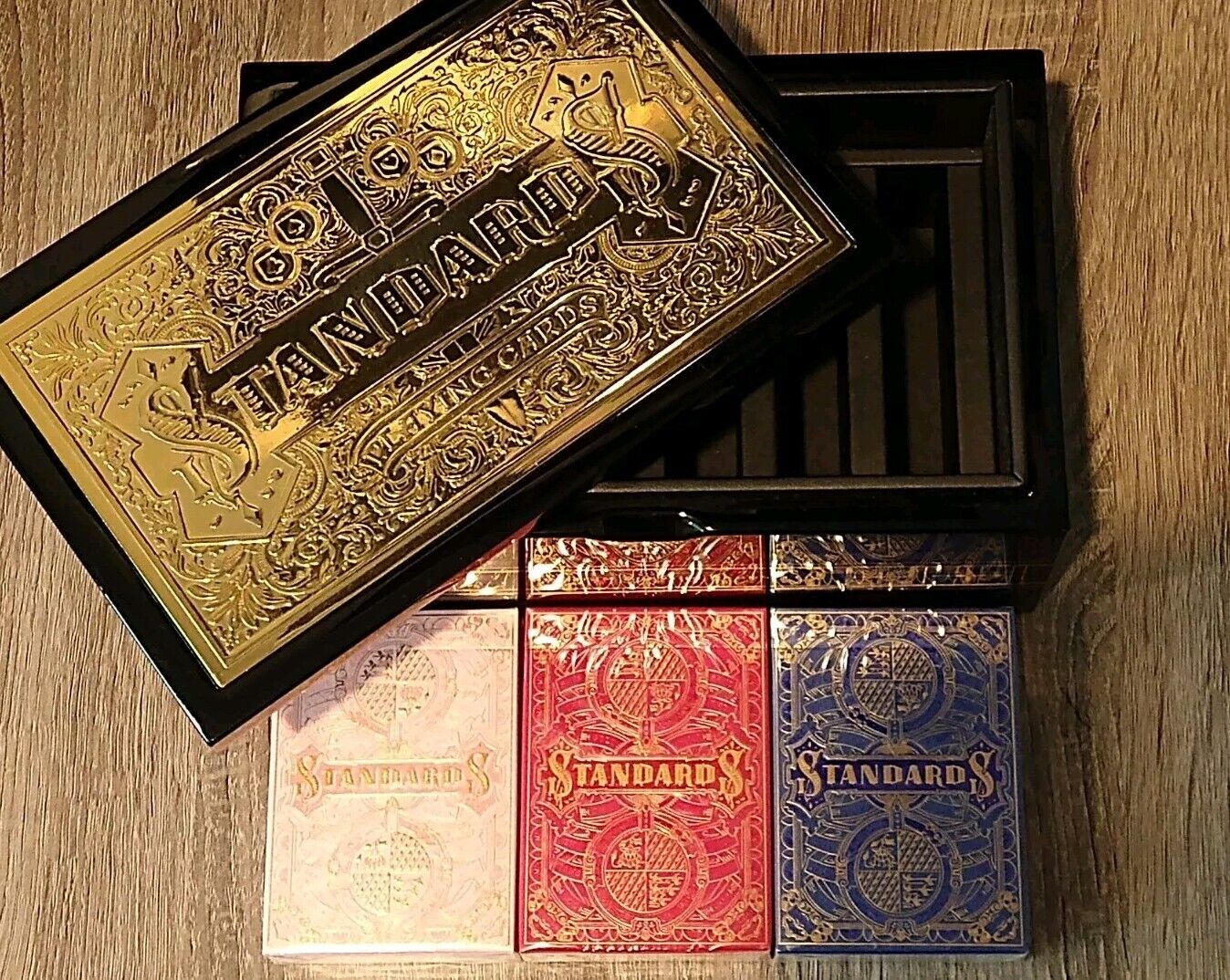 Rare Standards Laquered Wooden Box + 3 New Playing Card Decks by Art Of Play  
