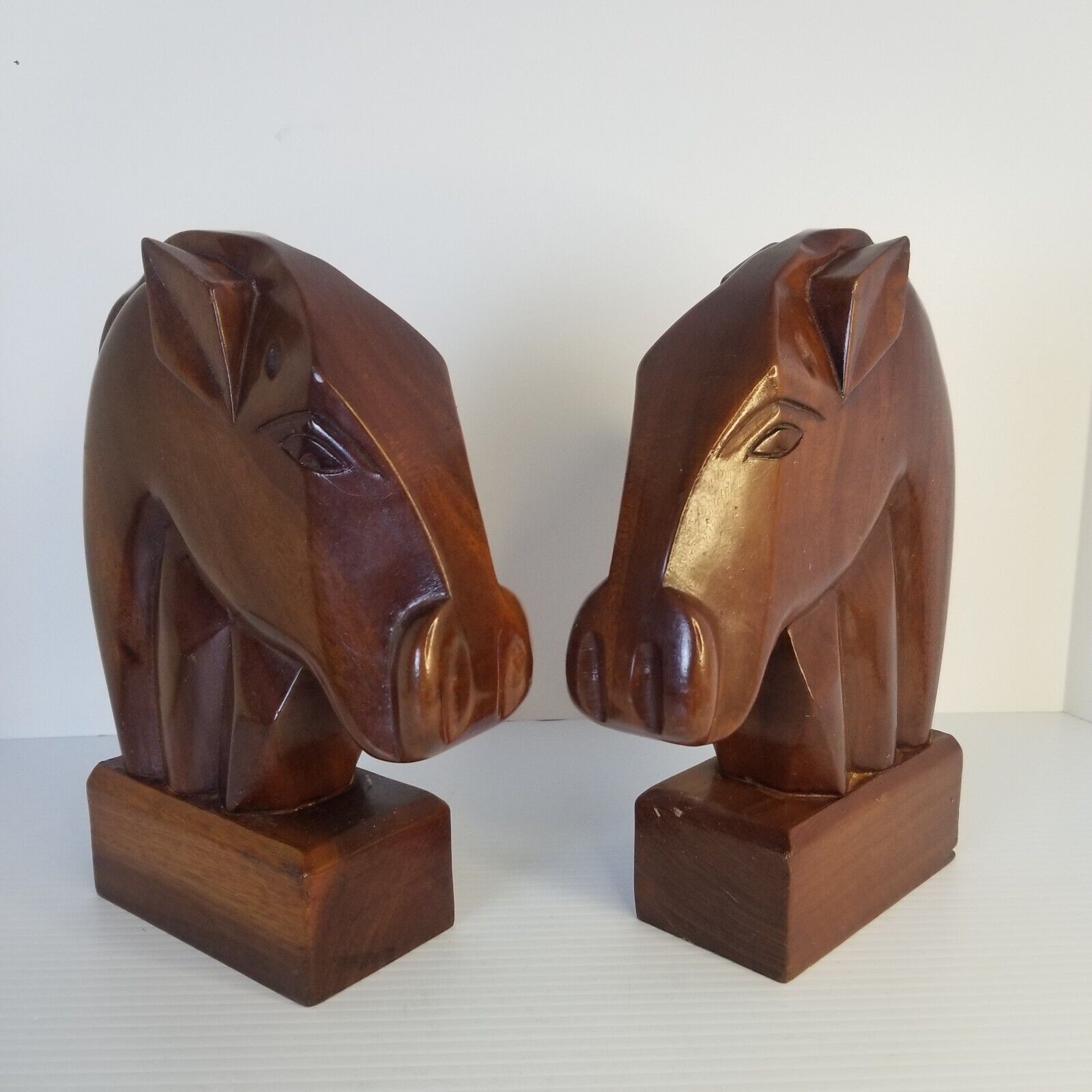 Vintage Mid Century Modern Abstract Horse Head Equestrian Carved Wood Bookends