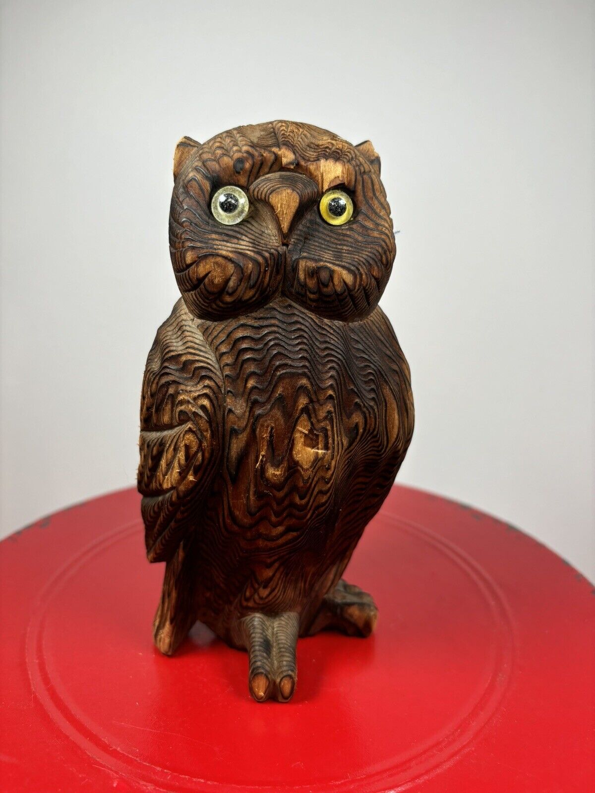 Vintage MCM Owl Carved Statue Wood Cryptomeria 6 Inches Tall with Marble Eyes