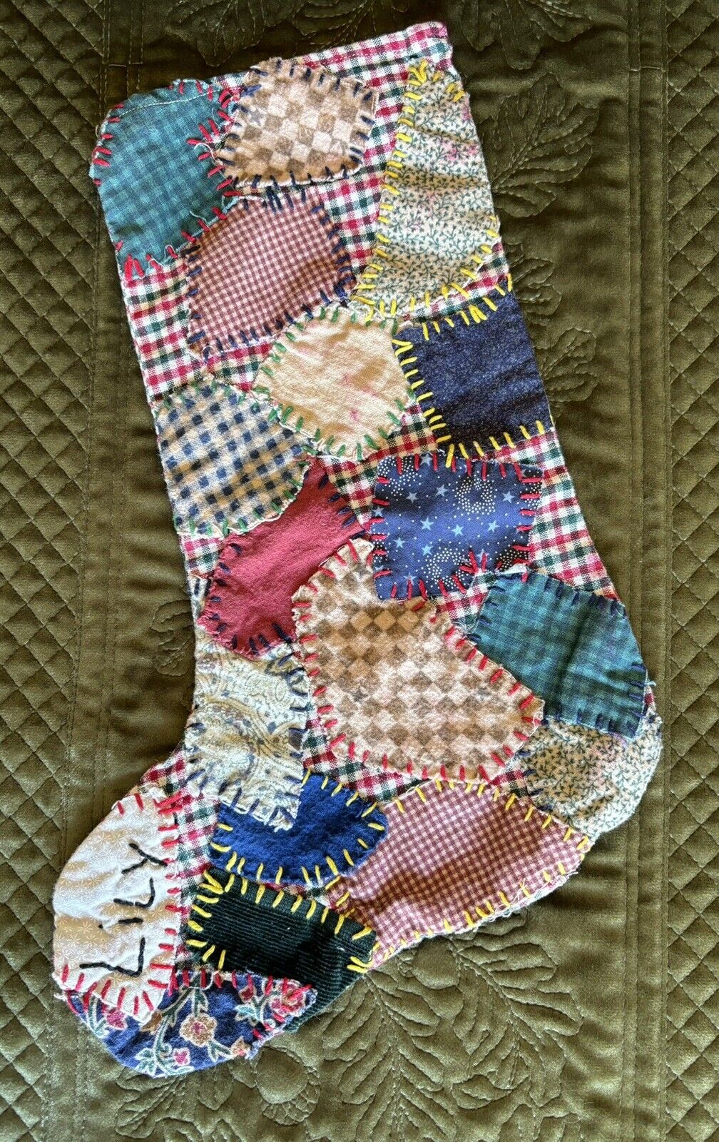 Antique HandSewn Patchwork Christmas Stocking-Flannel & Cotton-Personalized Lily