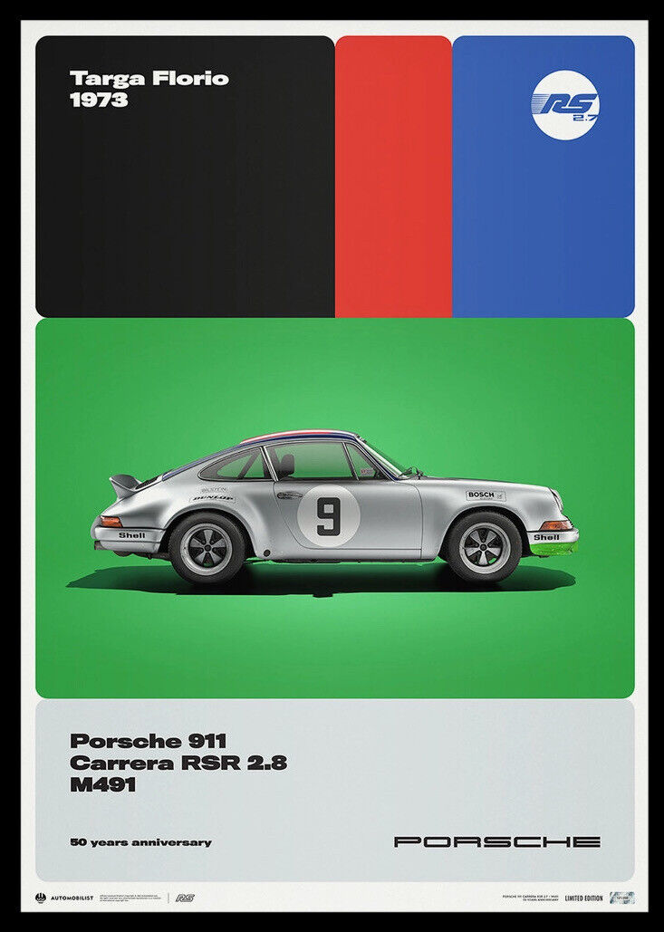 1973 PORSCHE 911 Carrera RS 2.7 Silver 50th Anniversary Ltd Ed 200 Poster