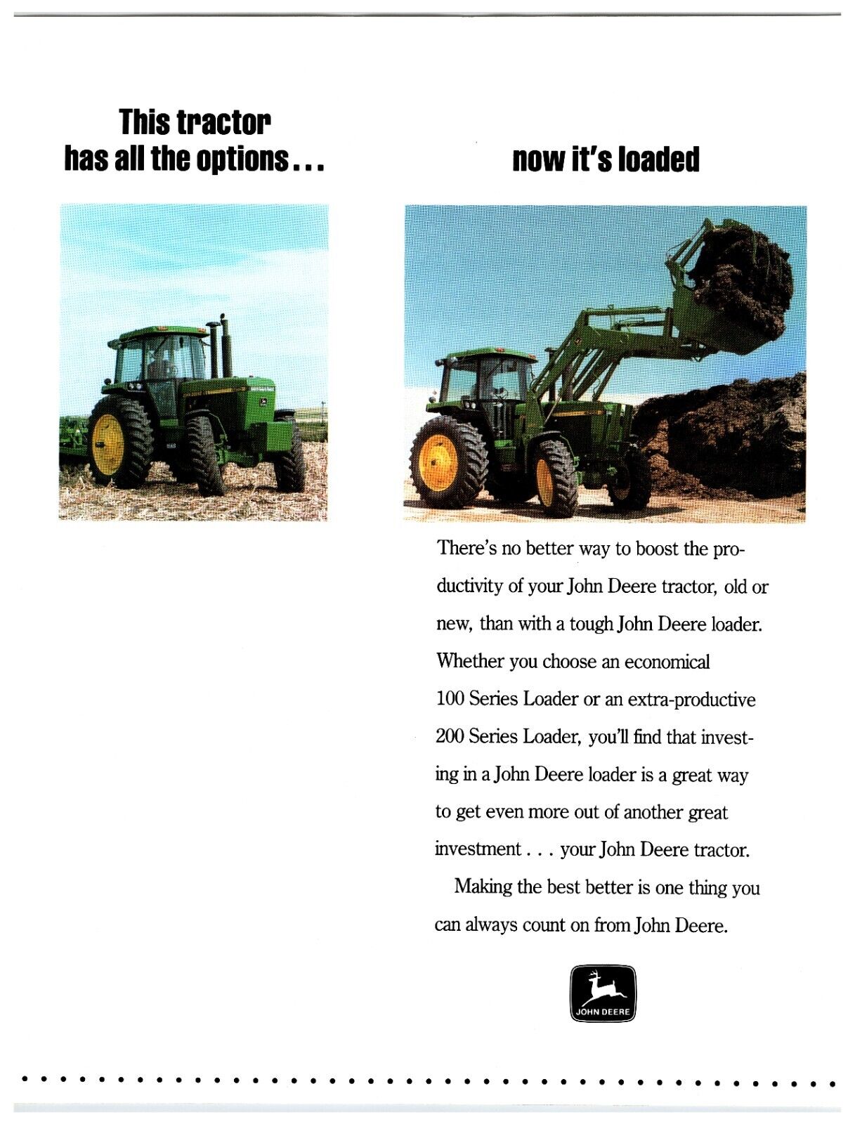 1980s John Deere Tractor Loaders - Original Print Advertisement (11in x 9in)