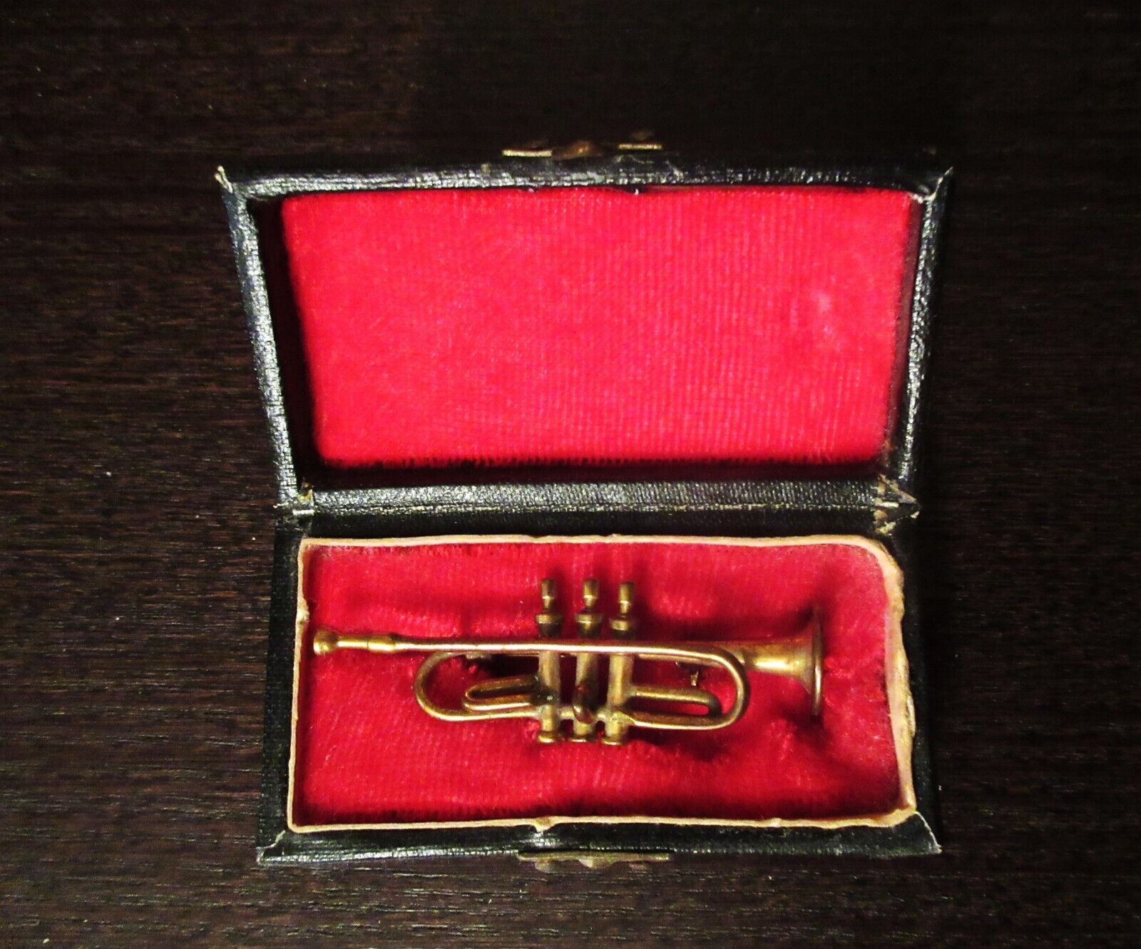 Vintage Miniature Brass Trumpet Figurine in Red Velvet Lined Case 2-3/4”
