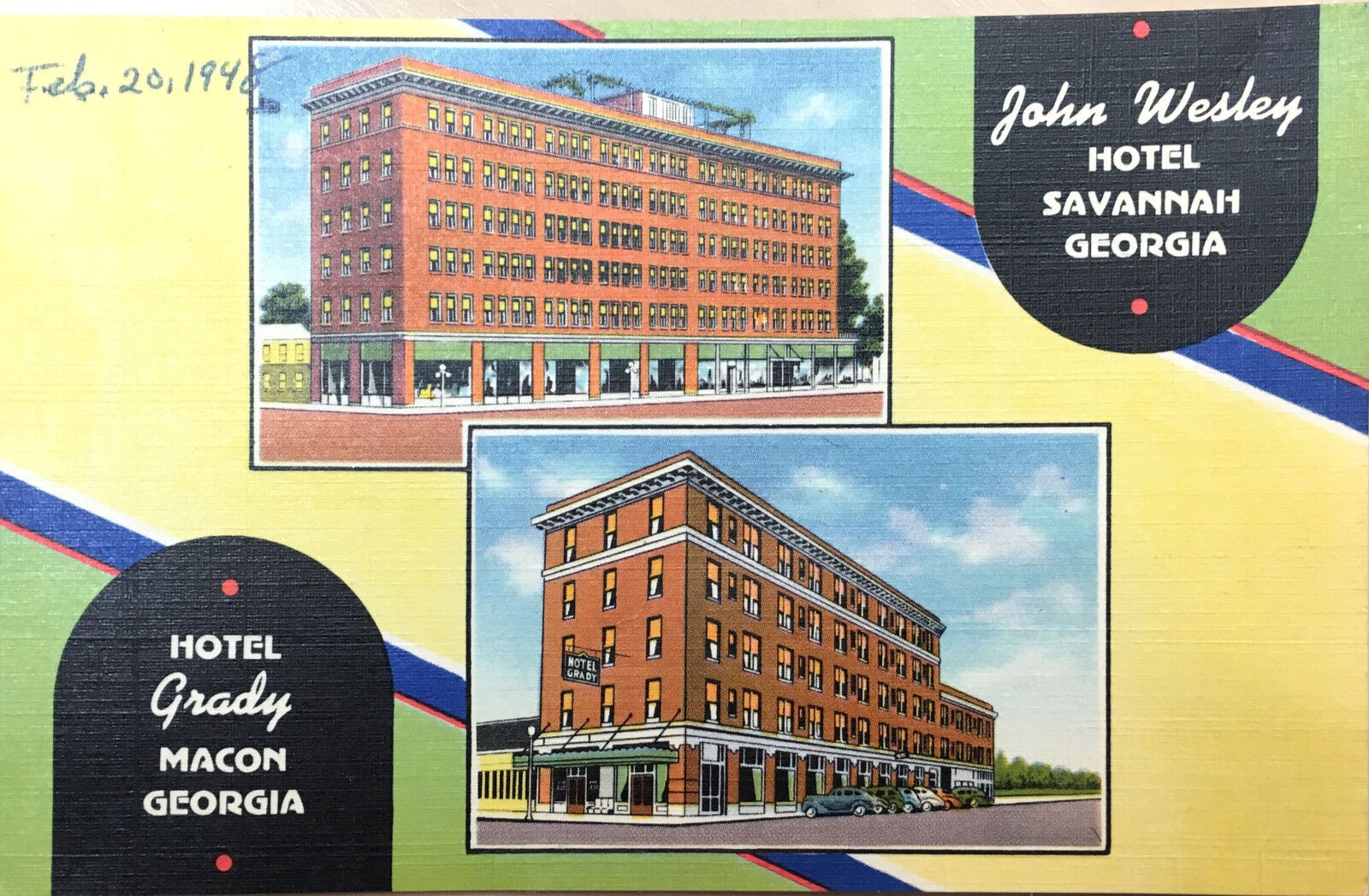 Vintage postcard: John Wesley Hotel, Savannah, GA, ca. 1948 (A27-09) Hotel Grady