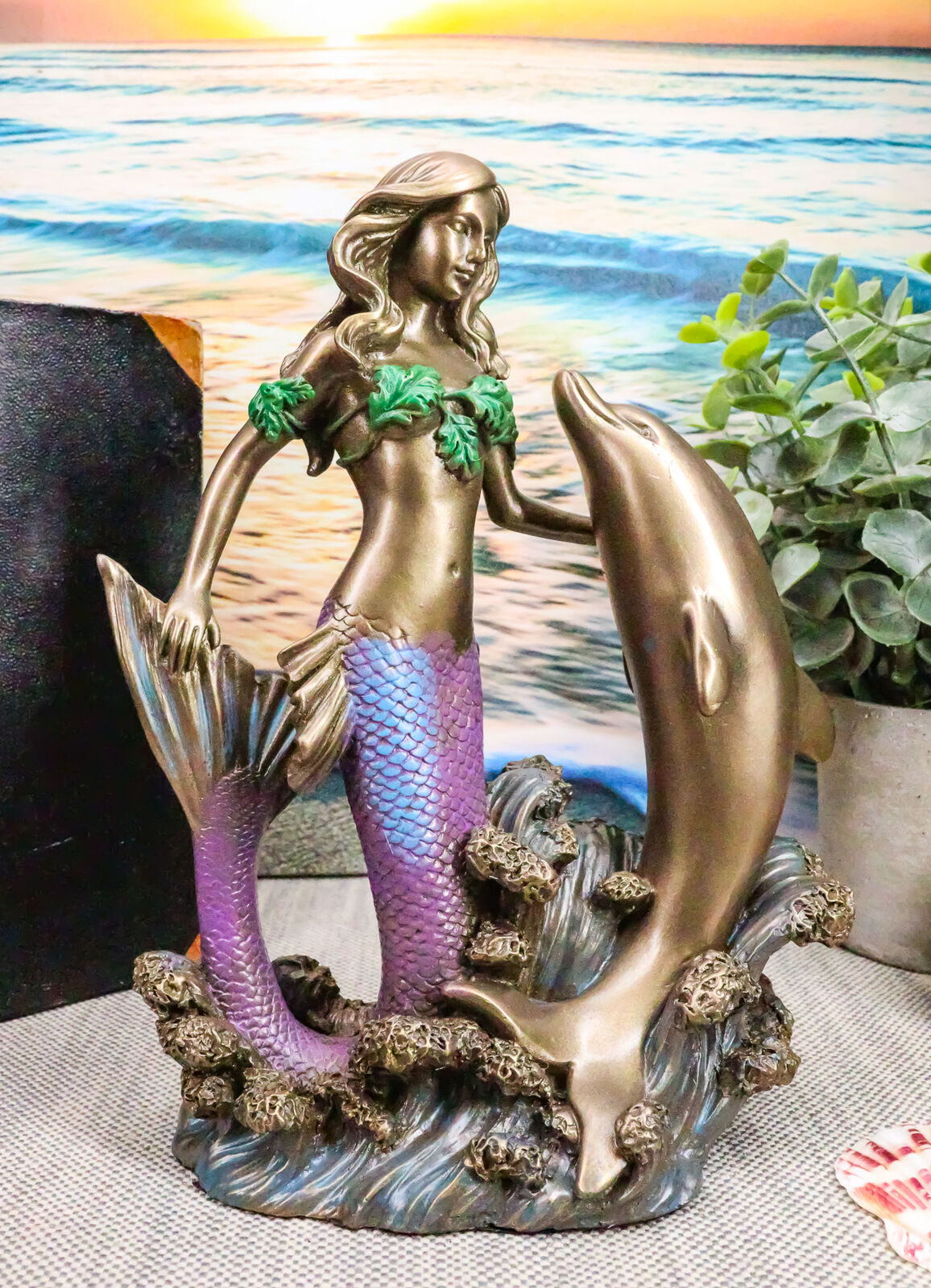 Ebros Polyresin Beautiful Mermaid With Dolphin Decor Statue 7.5